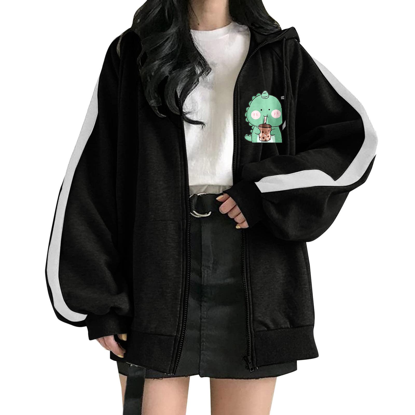 Women's Casual Dinosaur Print Hooded Zip Jacket with Drawstring & Pockets - Plus Size Winter Coats for Women | Perfect for Outdoor Activities, Streetwear & Daily Comfort