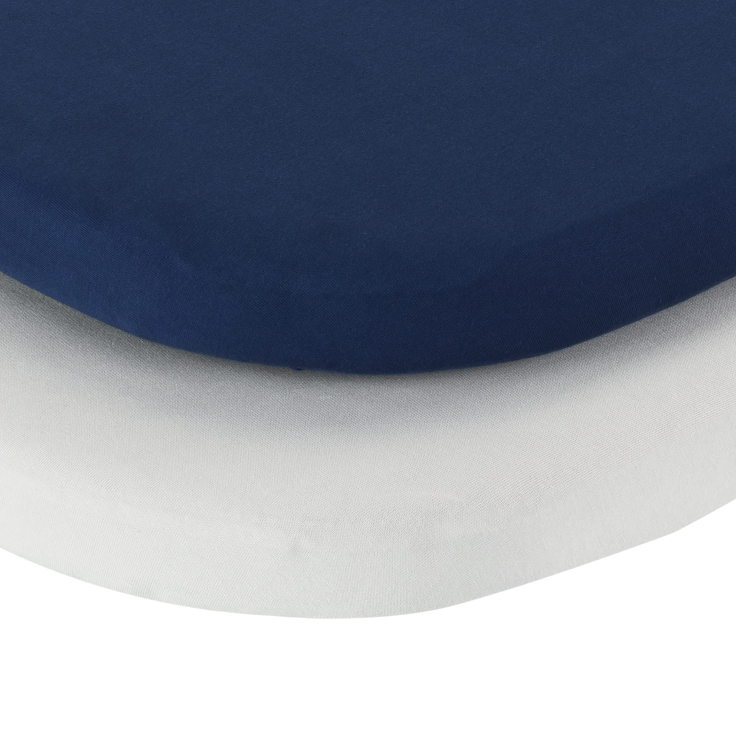 2-Pack 100% Cotton Bassinet Sheets - Soft Jersey Knit Fitted Crib Mattress Pad for Baby Boys & Girls (Navy Blue & Gray) | Fits Most Oval & Rectangle Bassinets, Bedside Co-Sleepers & Loungers | Perfect for Nursery, Travel & Overnight Stays