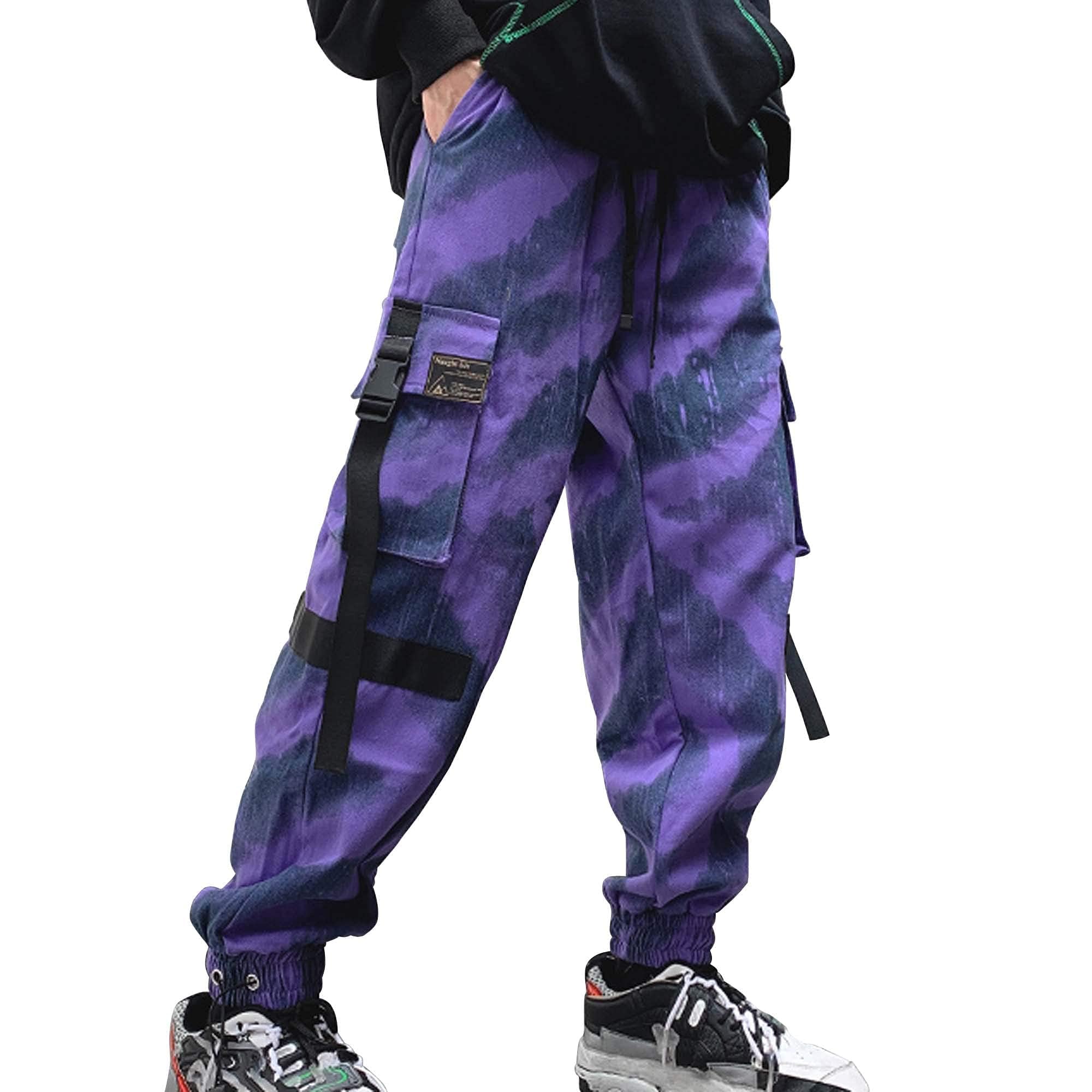 XYXIONGMAO Men's Purple Techwear Joggers - Tactical Streetwear Sweatpants with Cargo Pockets | Hip Hop Fashion, Gym Workout & Outdoor Activities
