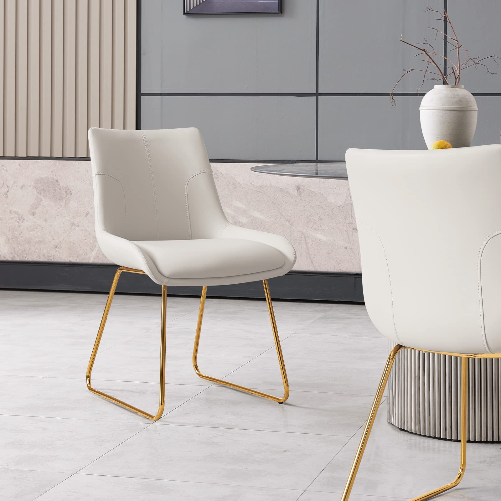 Modern Faux Leather Dining Chair Set of 2 - Off White Kitchen Chairs with Gold Metal Legs - Comfortable Dining Room Seating for Kitchen, Living Room & Restaurant Use