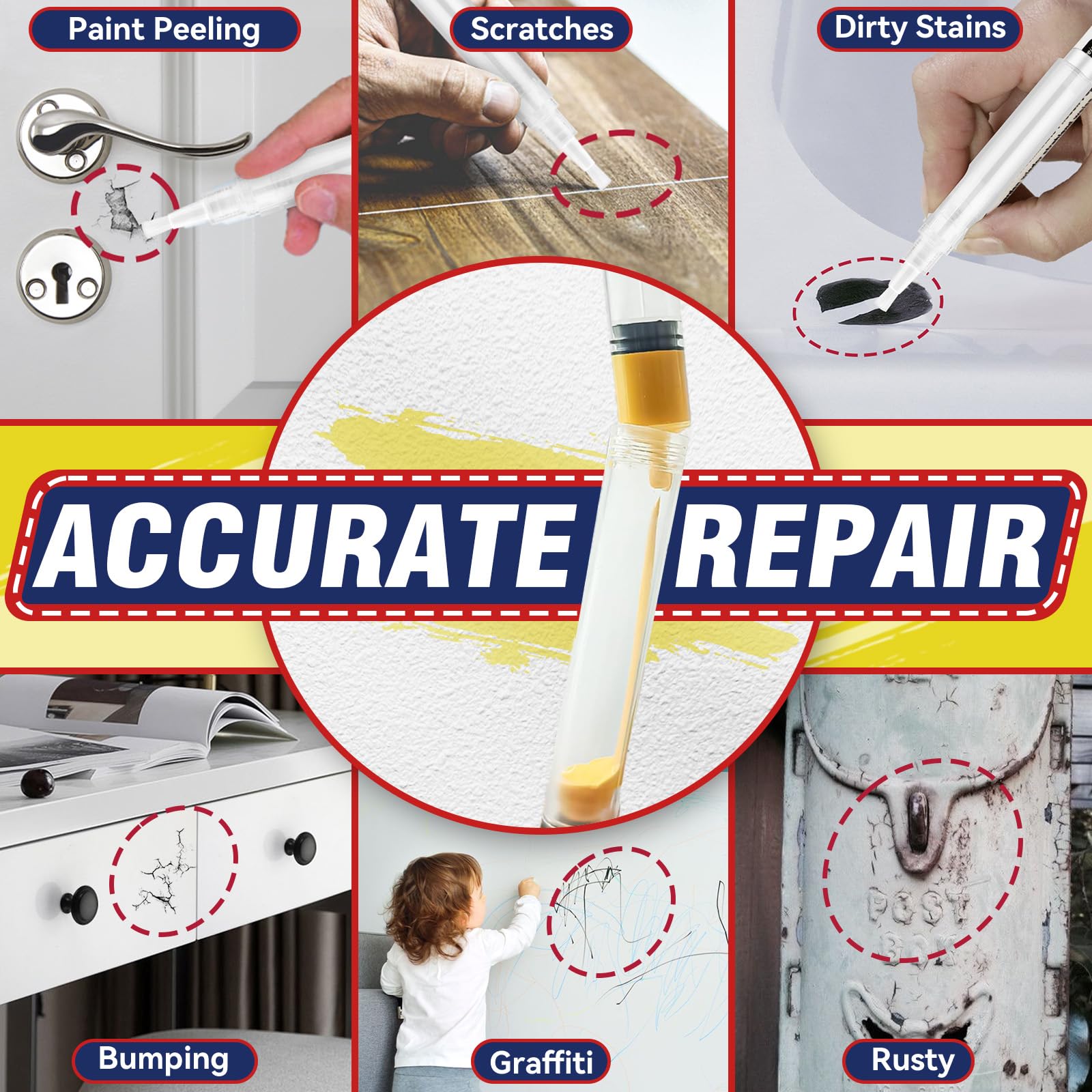 Touch Up Paint Pen Set of 3 - Refillable & Pressable Paint Markers for Walls, Furniture, Wood Floors, Windows & Cabinets - Perfect for Home DIY Repairs, Small Scratch Fixes and Surface Restoration Projects