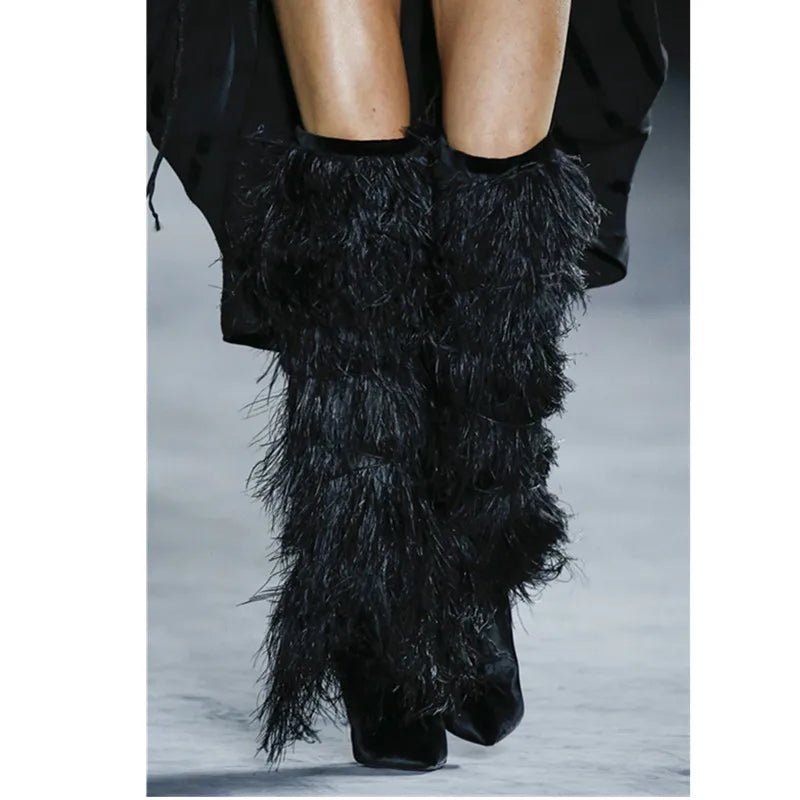 Sexy Women's Suede Over The Knee High Heel Boots with Feather & Cross-Tie Detail - Pointed Toe Party Shoes for Night Out, Clubwear & Special Occasions