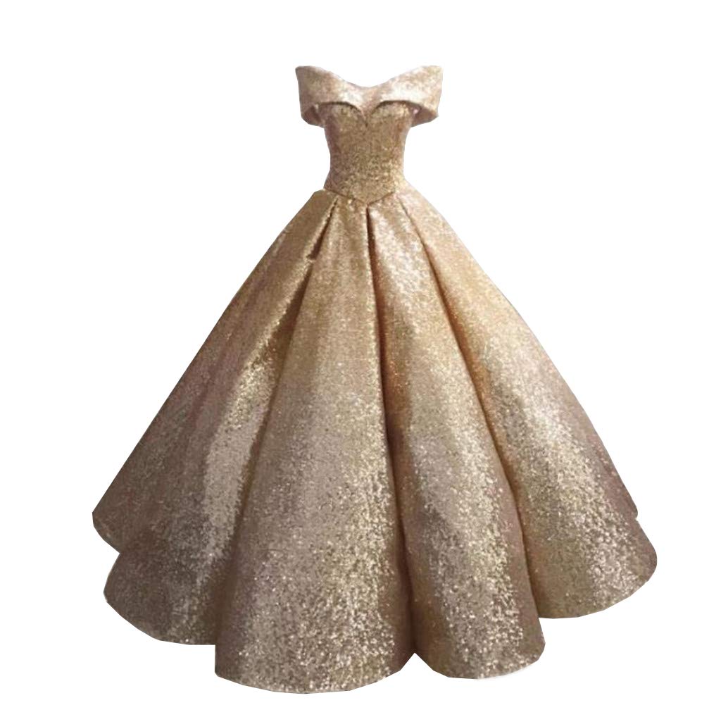Emanni Women's Off-The-Shoulder Quinceañera Dress - Sparkling Sequin Ball Gown with Ruffled Hem in Champagne Gold | Perfect for Sweet 16, Prom Night & Formal Evening Events
