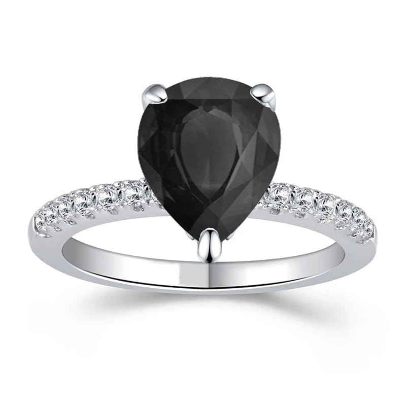Pear Cut Black & White Diamond Engagement Ring - 14k White Gold Pear Shape Solitaire with Accent Bridal Ring | Elegant Black Diamond Wedding Jewelry for Proposals, Anniversaries & Special Occasions