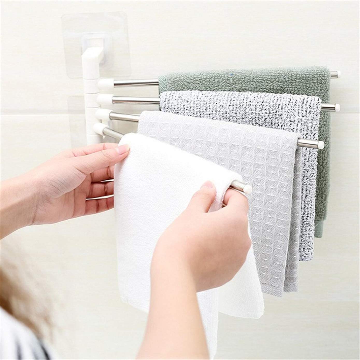 Stainless Steel Seamless Stickers 4-Bar Hanger Towel Rack - Multi-Functional Kitchen & Bathroom Organizer for Towels, Utensils & Storage | Perfect for Home, Apartment, Dorm Use
