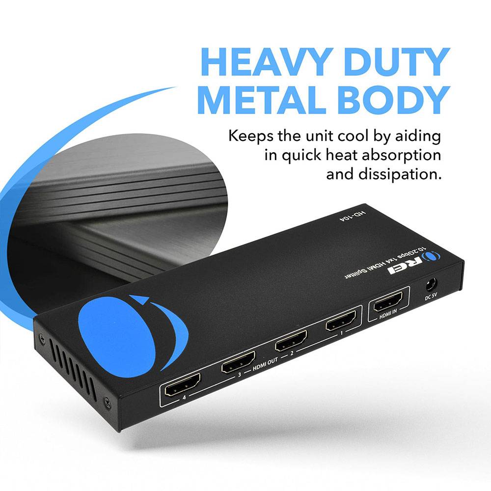 1 Input 4 Output HDMI Splitter with EDID Management (HD 104) - 4K HDMI Distribution Amplifier for Home Theater, Gaming & Conference Room Setup