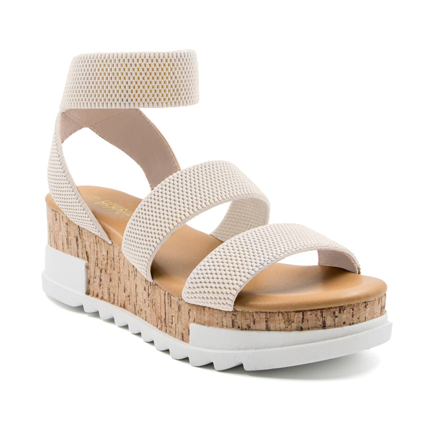 Athlefit Women's Comfortable Wedge Sandals with Cork Sole & Elastic Strap - Stylish Platform Sandals for Summer, Beach, and Casual Outings