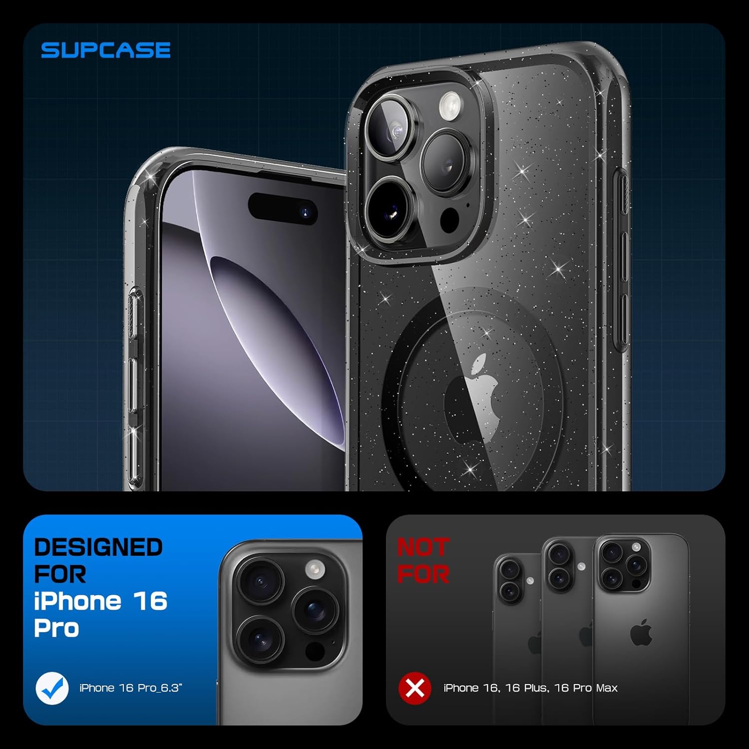 iPhone 16 Pro Case 6.3 Inch - Unicorn Beetle MAG Slim Clear Protective Cover with MagSafe & Camera Control Button | Glitter Black Design | Perfect for Everyday Use, Travel & Outdoor Activities