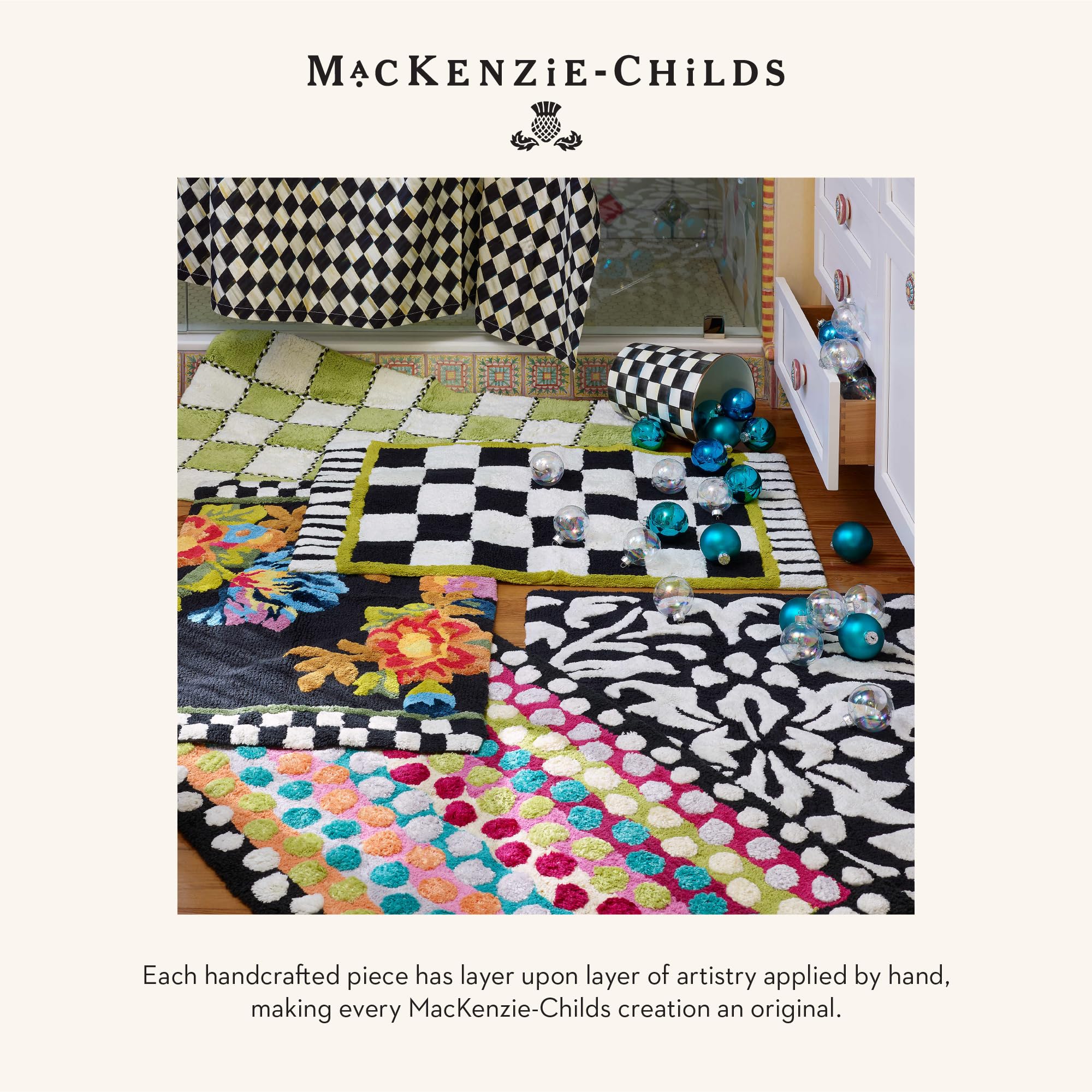 MACKENZIE-CHILDS Cotton Bath Rug with Ribbon & Dot Design - Non-Slip Bathroom Mat for Shower, Tub, and Vanity Area - Soft Absorbent Floor Mat for Home Decor
