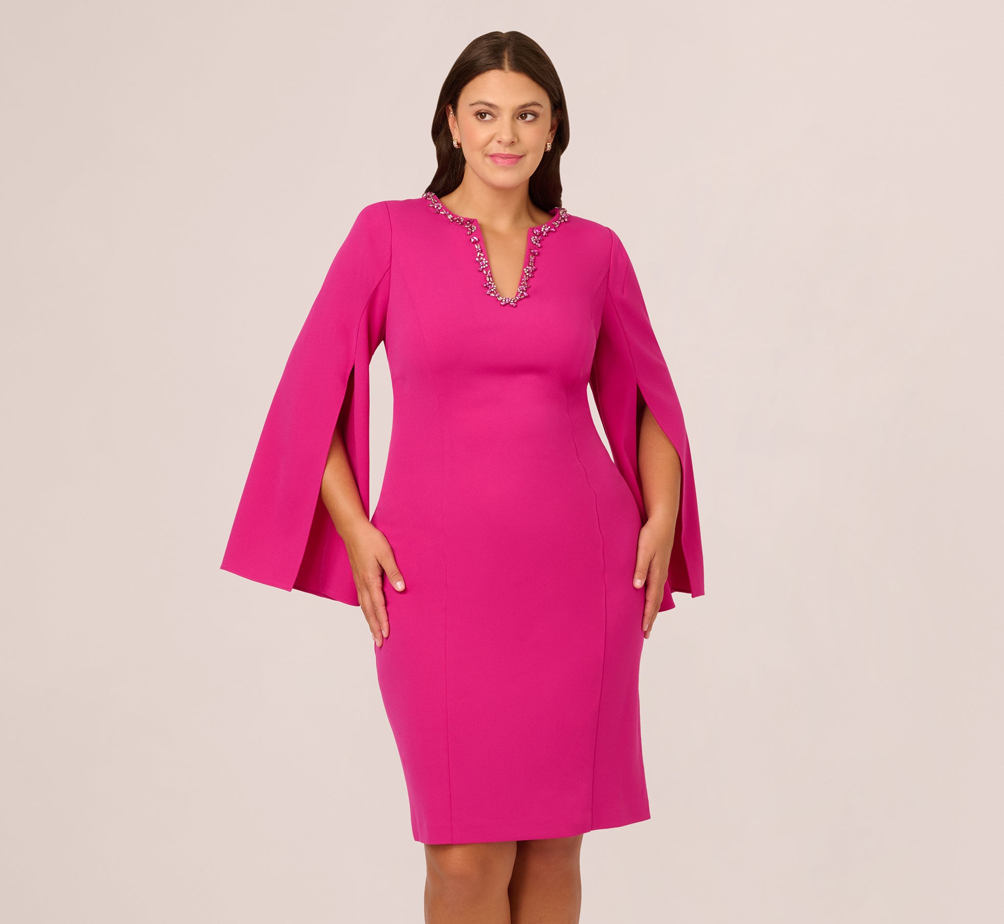 Plus Size Knit Crepe Jewel Short Dress in Berry Rose - Flattering Women's Midi Dress for Casual Wear, Date Night & Special Occasions