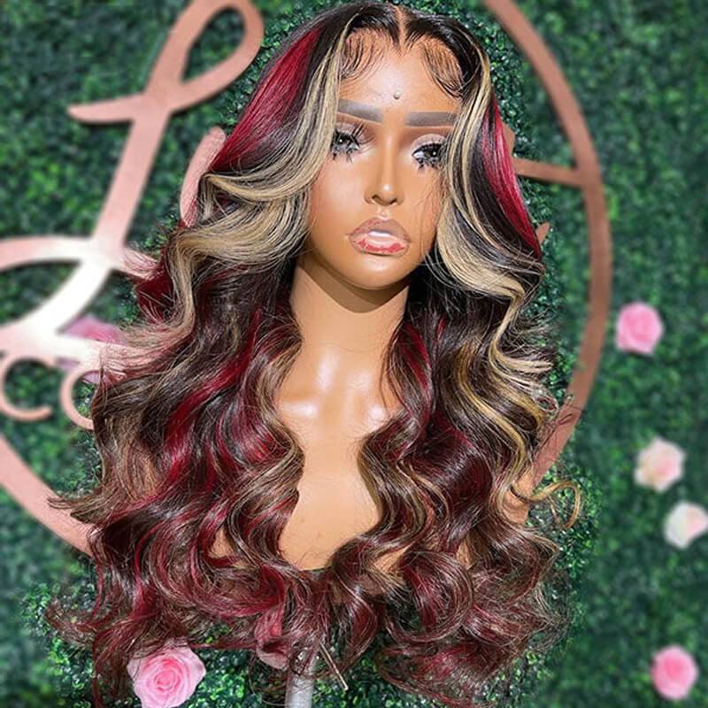 Eullair Black Red Blonde Body Wave Wig with Blue Orange Balayage Highlights - 3 Color Straight Lace Frontal Human Hair Wig for Cosplay, Halloween & Daily Fashion