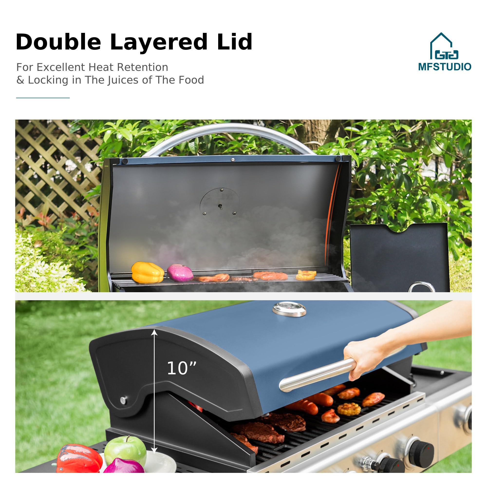 MFSTUDIO 4-Burner Propane Gas Grill - Stainless Steel BBQ Grill with Side Burner & Porcelain-Enameled Cast Iron Grates | High Output Outdoor Cooking Grill for Backyard, Patio, Camping & Tailgating Parties | Blue