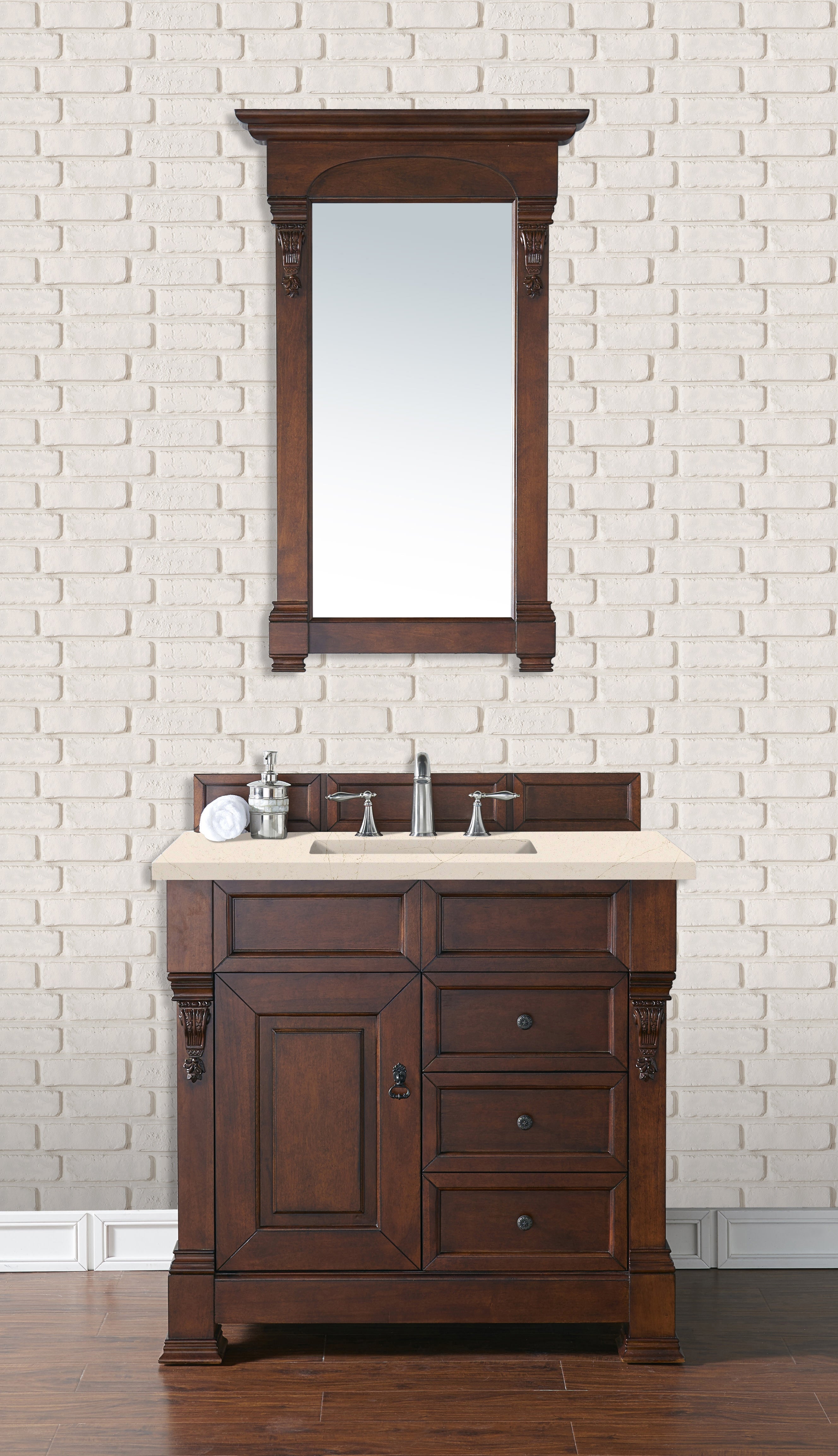 Brookfield 36 Inch Single Bathroom Vanity with Warm Cherry Finish & 3CM Eternal Marfil Quartz Countertop - Perfect for Modern Master Bath or Powder Room Renovation