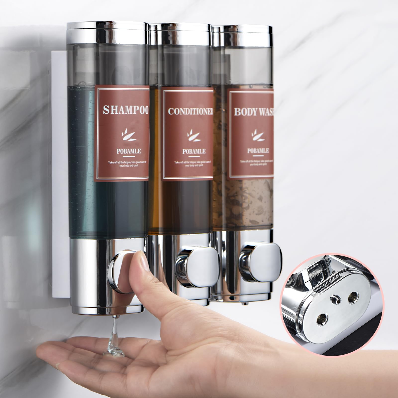 Wall Mounted No-Drill 3-Chamber Shampoo, Conditioner & Body Wash Dispenser - Chrome Shower Soap Dispenser Holder for Bathroom Organization | Perfect for Family Showers, Gym Locker Rooms & Spa-Style Bathrooms