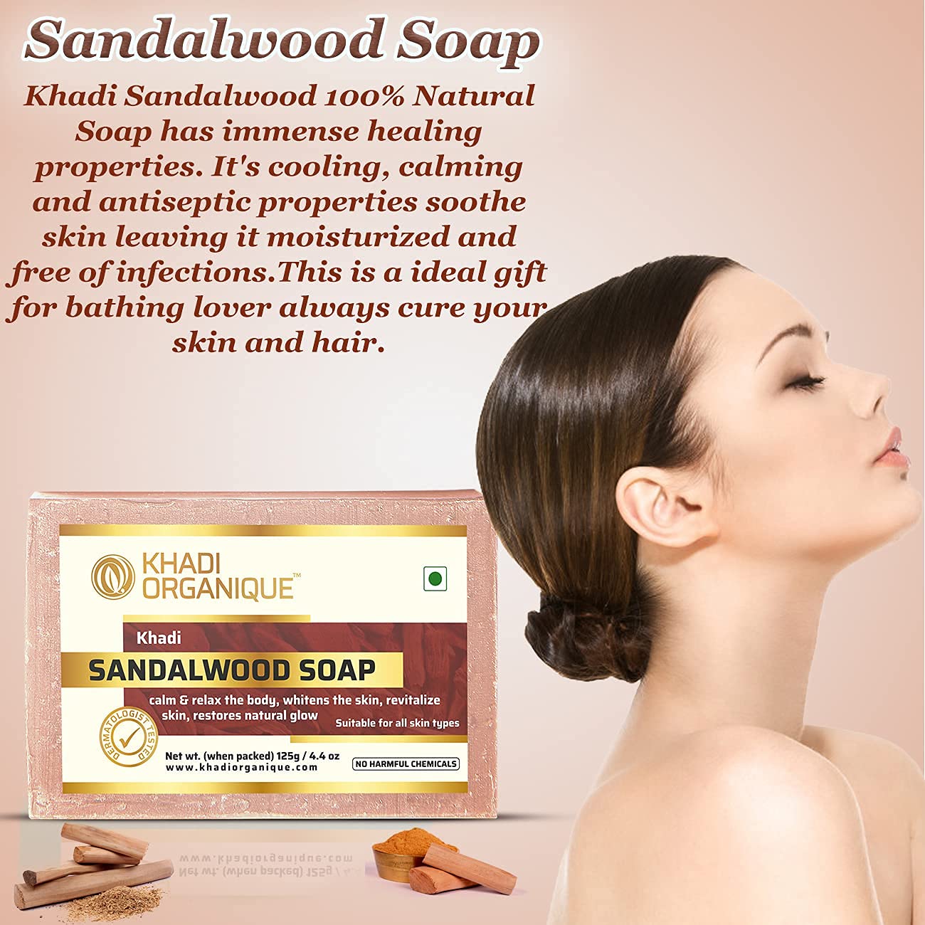Khadi Organique Handmade & Herbal Soap Set - 2 Sandalwood & 2 Saffron Soaps (4x125g) | Natural Ayurvedic Skincare for Face & Body | Perfect for Daily Cleansing & Relaxation
