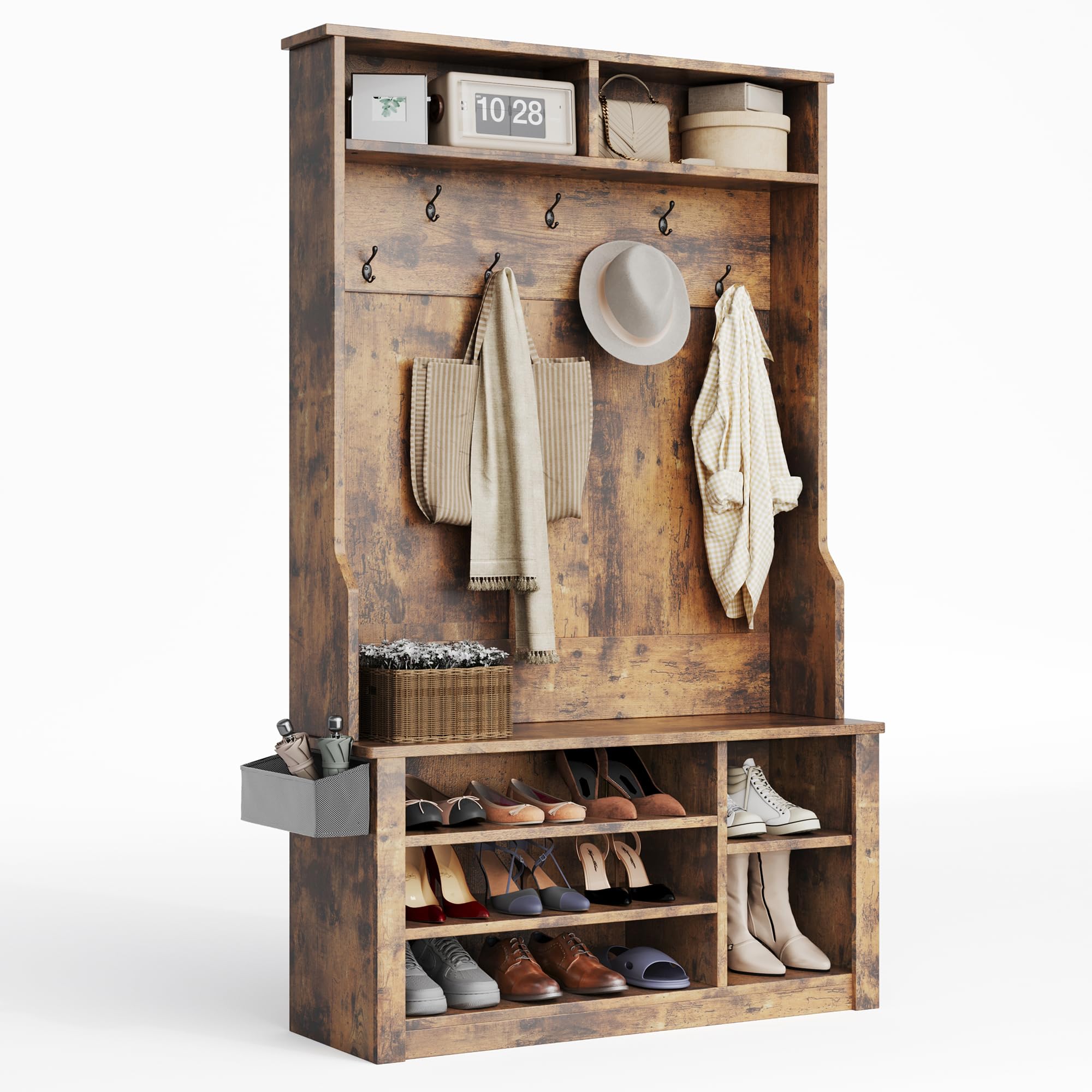 Aiho 3-in-1 Entryway Hall Tree with Bench, Coat Rack & Adjustable Shoe Storage | 2-Tier Top Shelf | Rustic Brown | Perfect for Hallway, Foyer, Bedroom & Small Space Organization