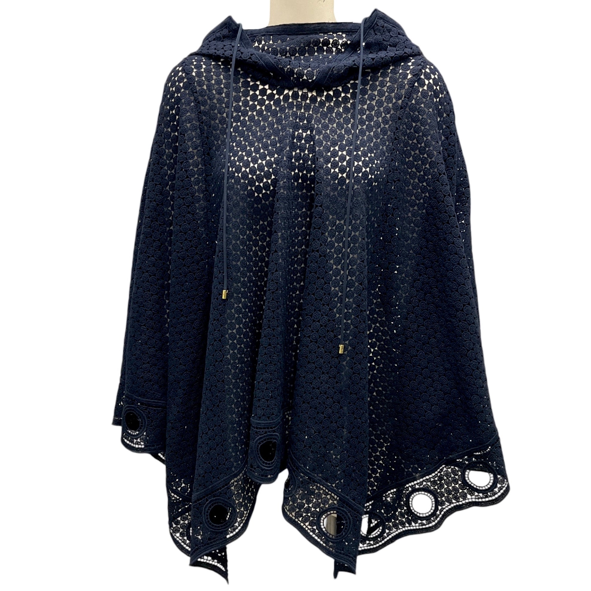 Chloe Deep Navy Blue Eyelet Lace Hooded Poncho Shawl - Elegant Women's Fashion Cover-Up for Beach, Wedding & Evening Occasions