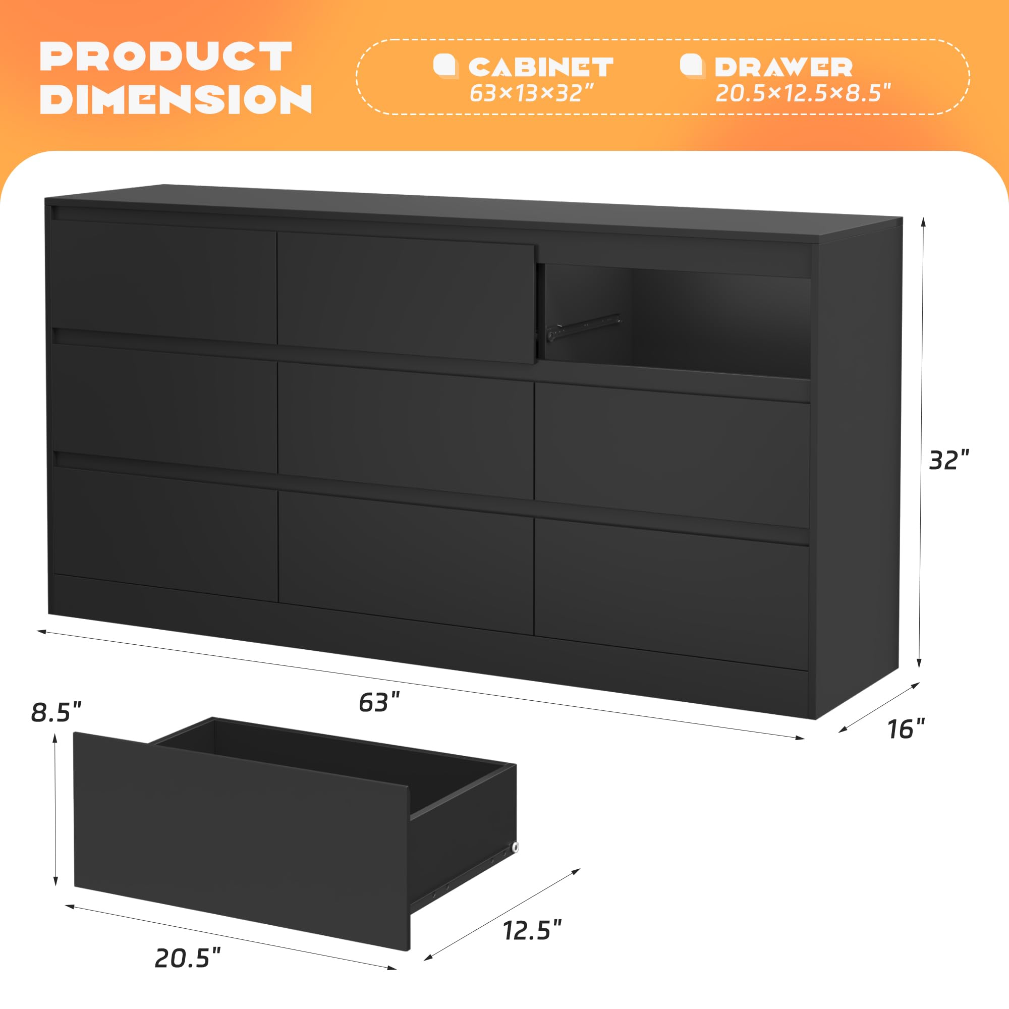 INTERGREAT Modern 9-Drawer Wood Dresser for Bedroom - Black Chest of Drawers with Deep Storage for Closet, Nursery, Living Room & Entryway | Perfect for Kids Bedroom, Hallway Organization & Home Decor