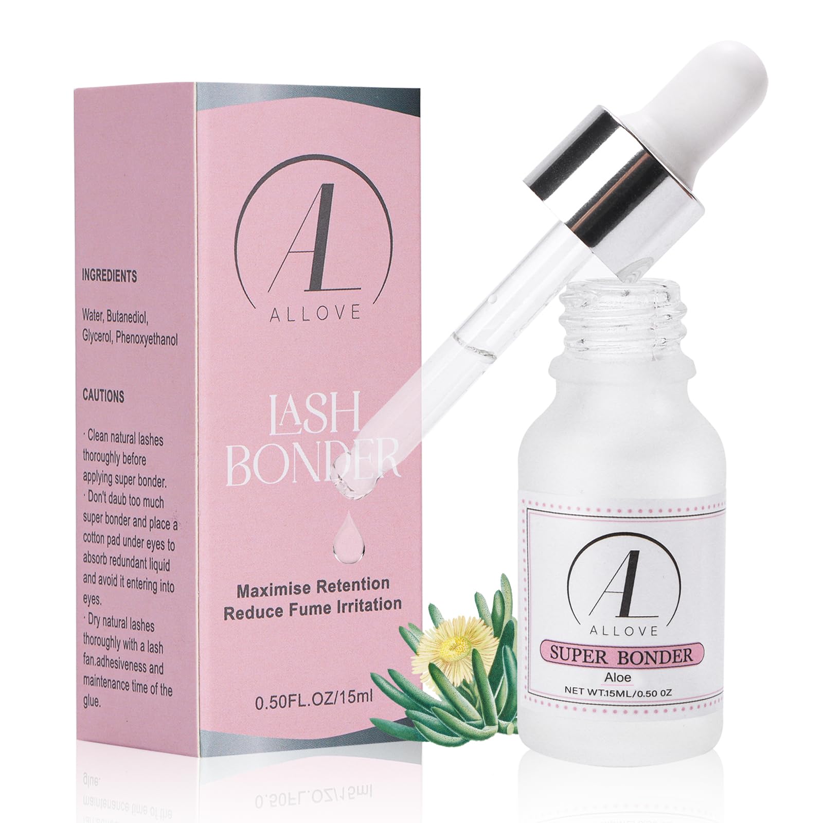 ALLOVE Eyelash Extension Bonder - Super Strong Lash Glue Accelerator, Waterproof & Oil-Proof Sealant for Long-Lasting Extensions (15ml, Aloe) - Perfect for Salon Professionals & DIY Lash Artists