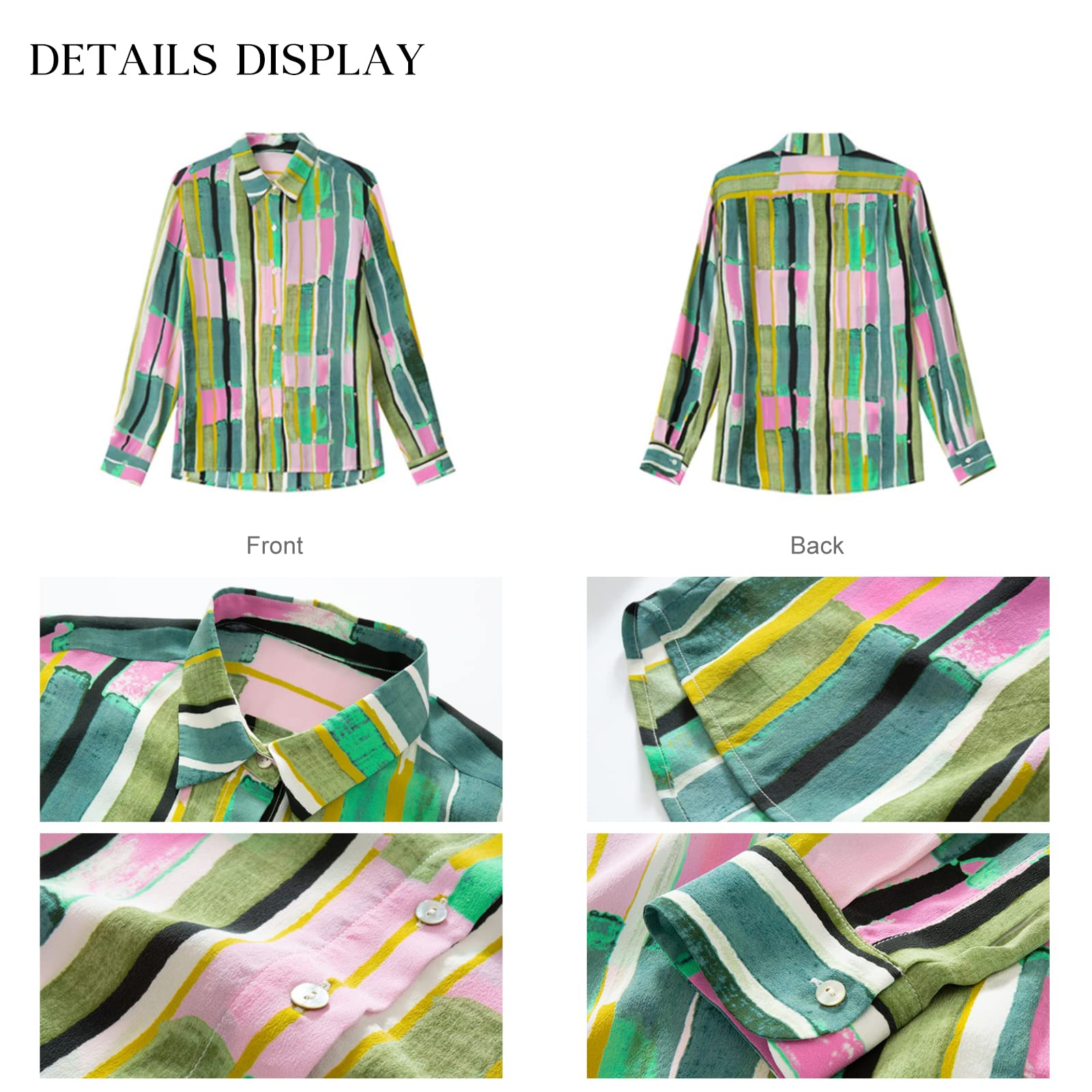 Women's 100% Pure Silk Blouse - Elegant Long Sleeve Button Down Shirt for Spring & Summer | Floral & Striped Tops | Smooth & Comfortable Silk Blouses for Work, Office & Special Occasions