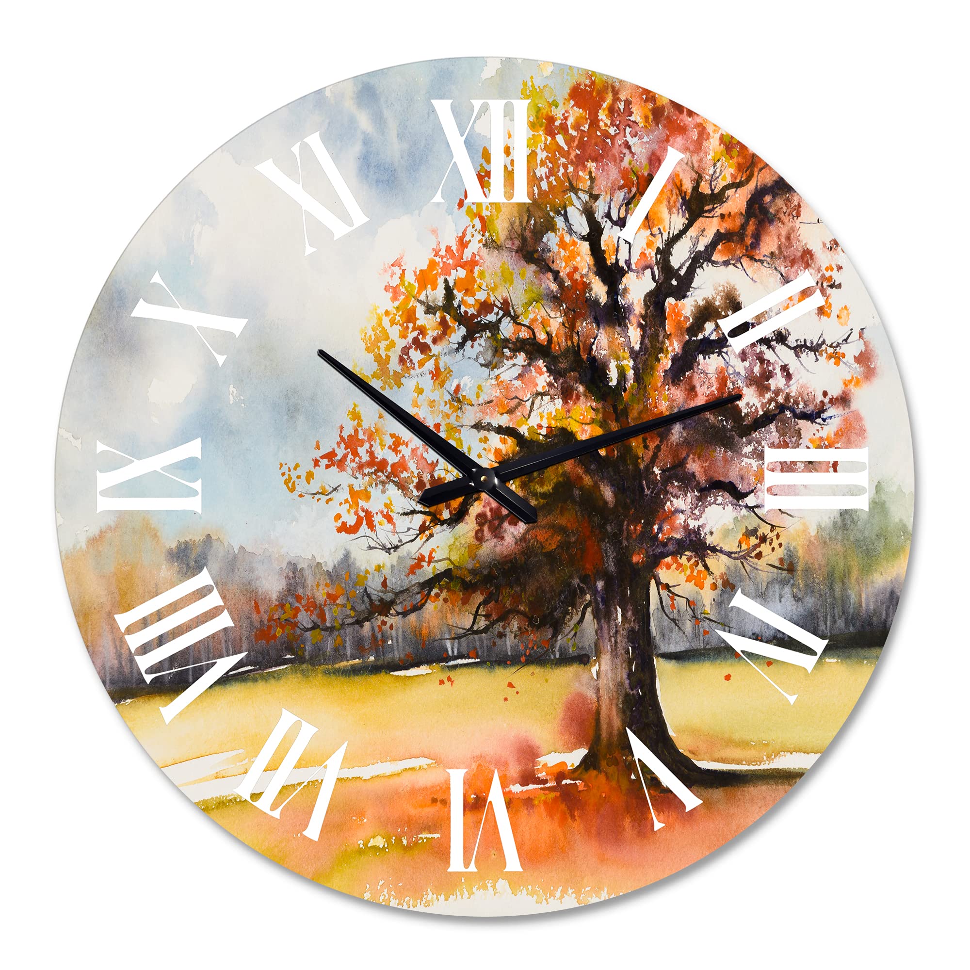DesignQ Traditional Wall Clock - 'Lone Oak in The Fields with Autumn Leaves' Landscape Nature Wall Clock for Home Decor | Large Rustic Wall Clock for Living Room, Bedroom & Office