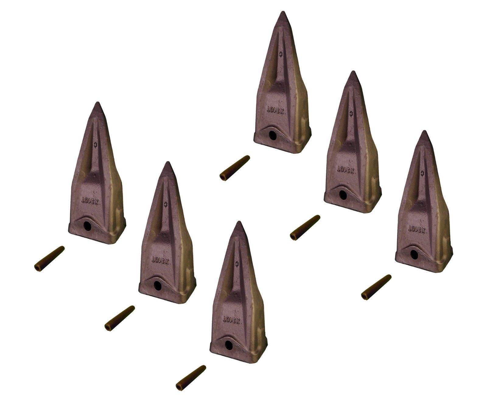 6-Pack Hensley Style Parabolic Tiger Rock Teeth with Roll Pins - 310 Series X310T for Excavator Bucket Replacement & Heavy-Duty Digging