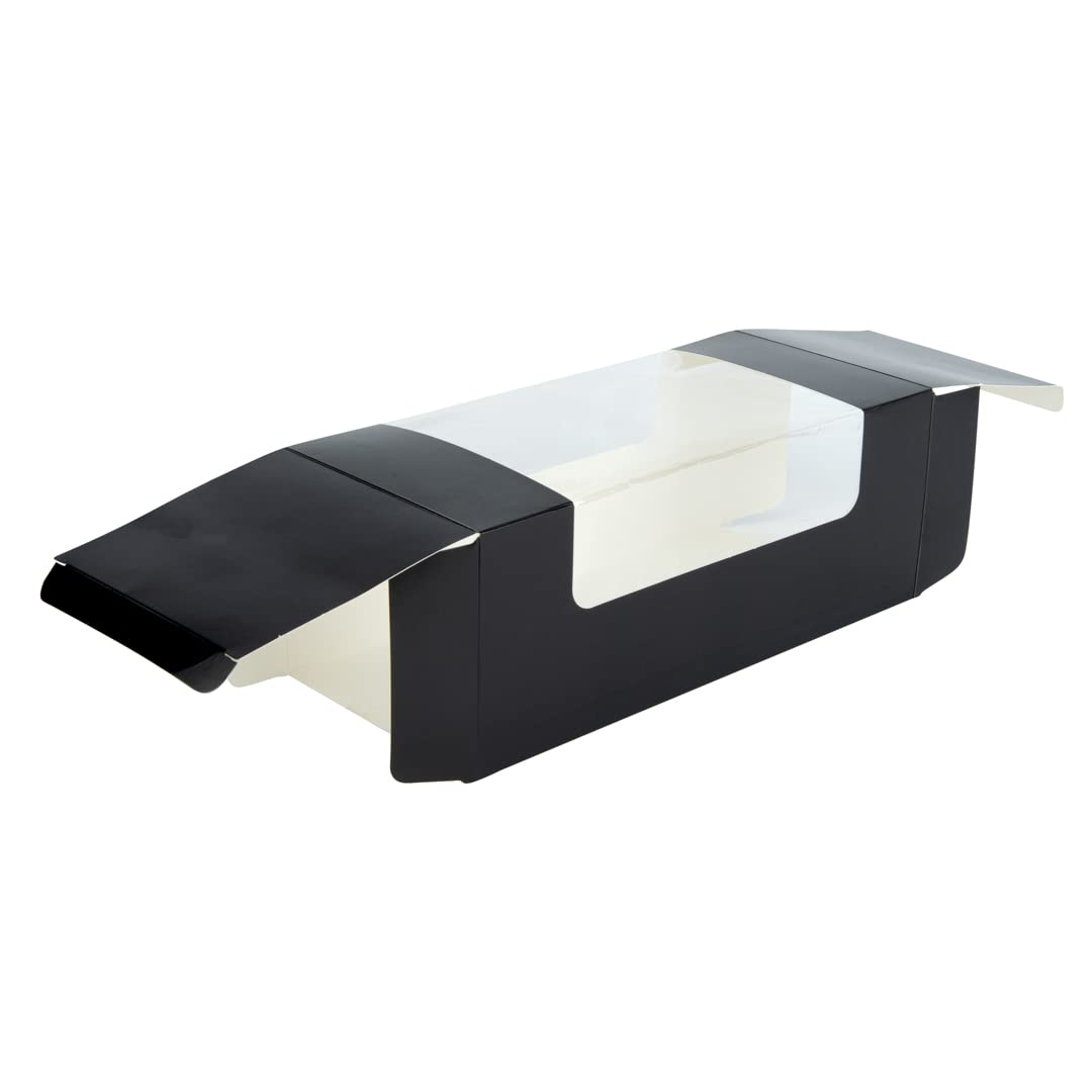 Restaurantware Pastry Tek 9.8 x 4.7 x 3.9 Inch 100-Pack Disposable Donut Boxes with Clear Window | Easy Assembly Black Paper Cookie Packaging for Muffins, Cupcakes & Mini Cakes | Perfect for Bakeries, Cafés & Catering Events