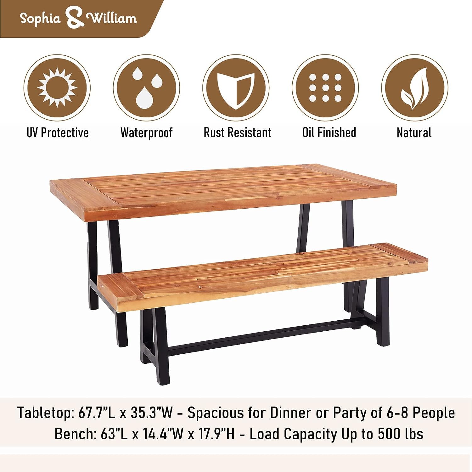 Sophia & William 6-Piece Outdoor Dining Set - 4 PE Rattan Chairs, Acacia Wood Table & Backless Bench with Cushions - Perfect for Porch, Backyard, Poolside & Garden Entertaining