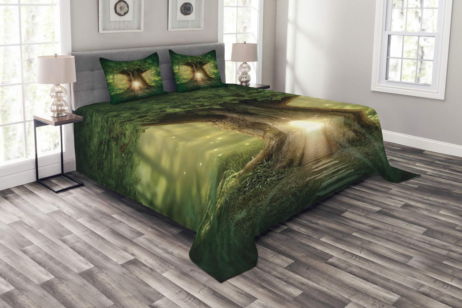 Ambesonne Spring Bedspread Set - King Size Tree of Life Jungle Print Quilted Coverlet with 2 Pillow Shams | Nature Inspired Green & Pale Yellow 3-Piece Bedding | Perfect for Boho Bedroom Decor, Guest Room Makeover & Cozy Home Styling