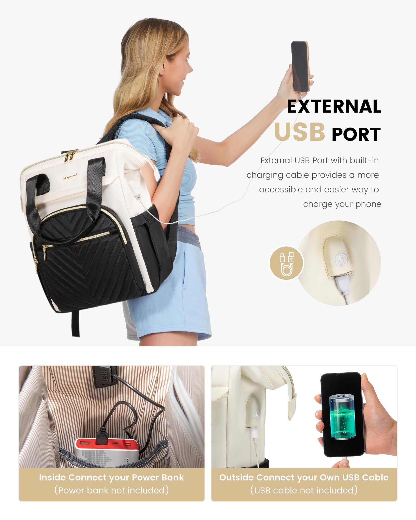 LOVEVOOK 15.6 Inch Waterproof Laptop Backpack for Women with USB Port, Stylish Work & Travel Bag for Teacher, Nurse, Business Professionals, Black-Cream White, Perfect for Office, School & Commuting