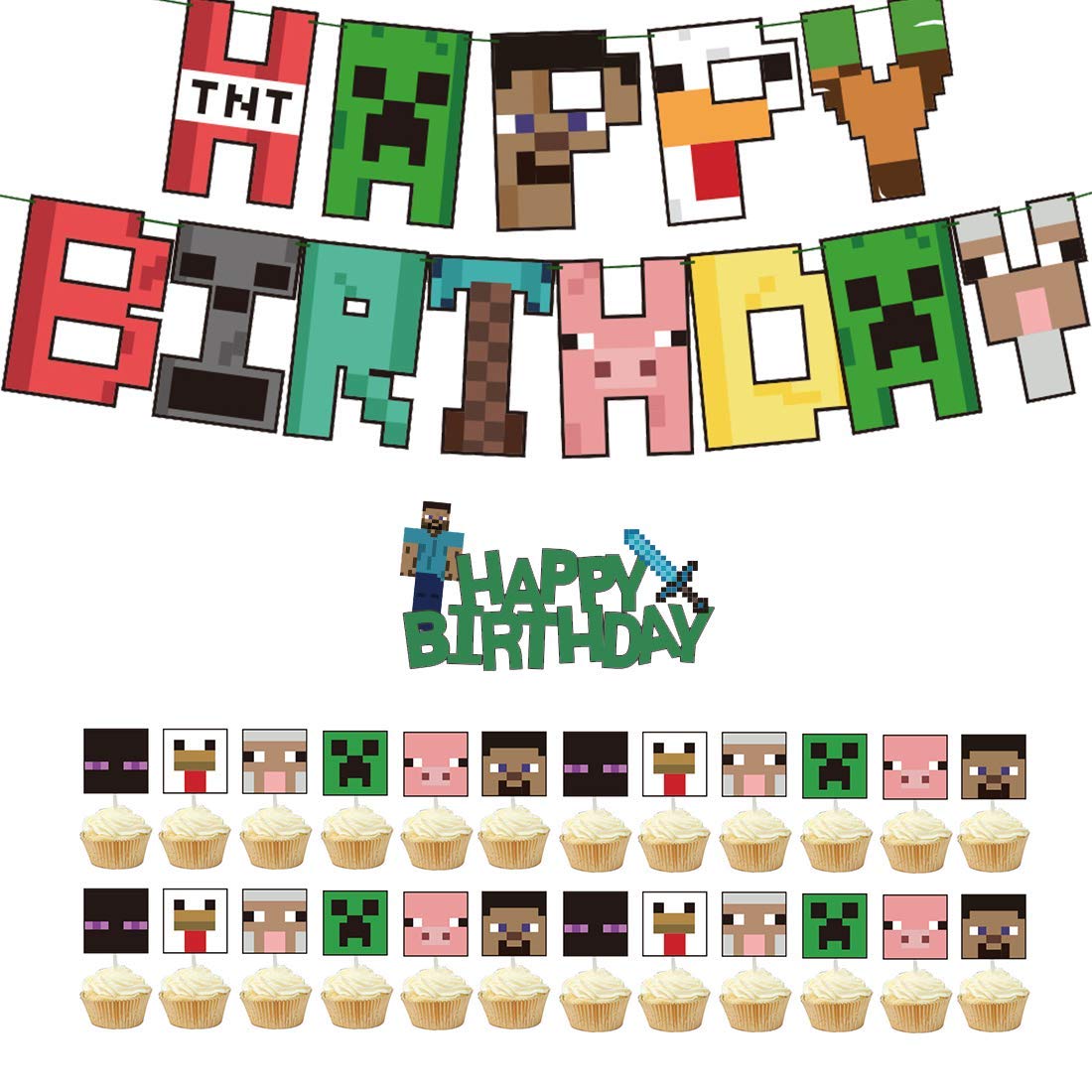 25 Pcs Pixel Party Birthday Cupcake Toppers & Banner - Fun Party Supplies for Kids Birthday Decorations, Cake Toppers - Perfect for Themed Parties, Baby Showers & Celebrations