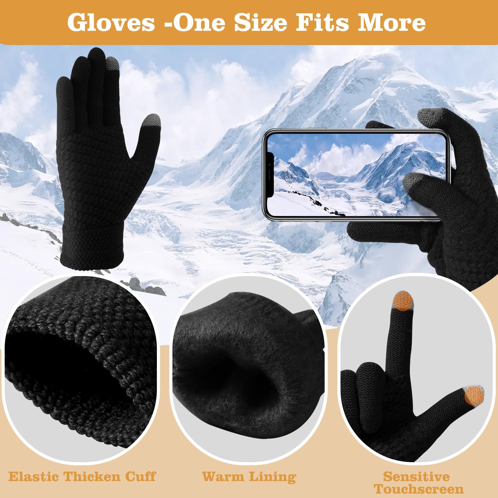 Passionbility Winter Beanie Hat & Circle Scarf Set with Touchscreen Gloves - Warm Fleece Lined Skull Cap & Neck Warmer for Women & Men - Perfect for Skiing, Snowboarding & Cold Weather Activities