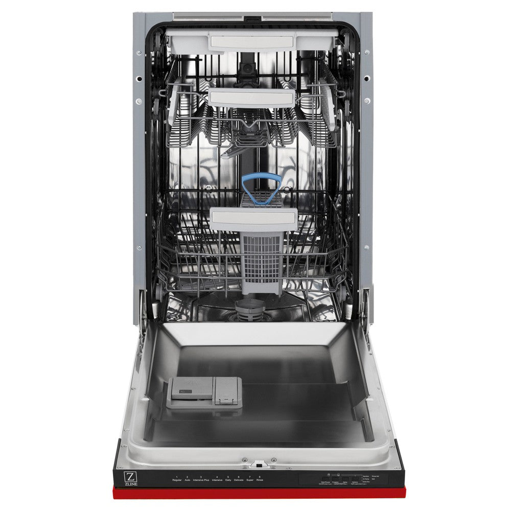 ZLINE 18 Inch Tallac Series 3rd Rack Top Control Dishwasher with Stainless Steel Tub & Red Matte Panel - 51dBa Ultra Quiet (DWV RM 18) | Perfect for Modern Kitchens, Small Spaces & Energy-Efficient Homes