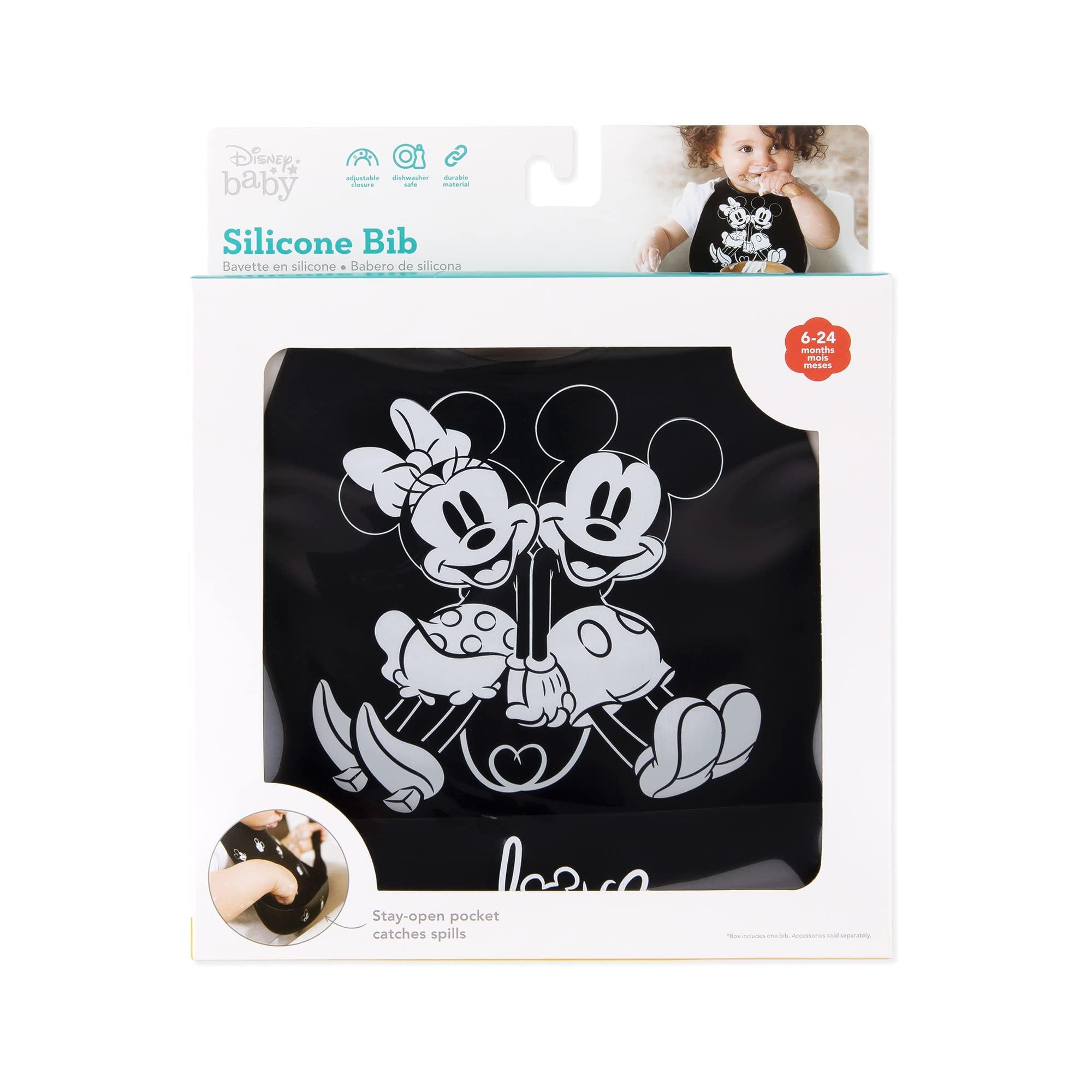 Bumkins Silicone Baby Bib with Pocket for Toddlers 6-24 Months - Reusable, Waterproof Feeding Bib for Girls & Boys - Perfect for Baby-Led Weaning, Mess-Free Mealtime & Travel - Mickey & Minnie Mouse Design