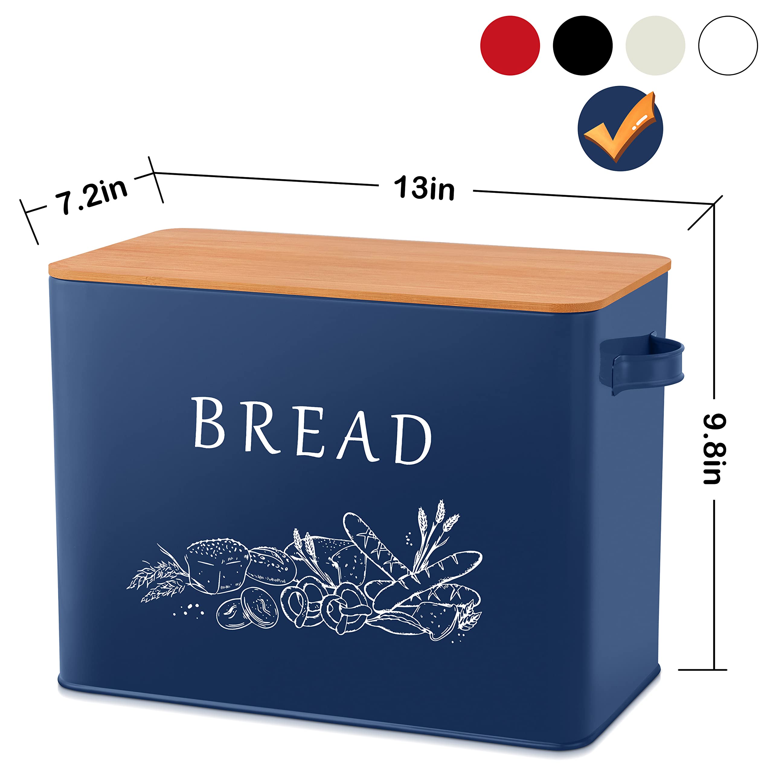 Farmhouse Style Extra Large Metal Bread Box with Bamboo Lid - 13” x 7.2” x 9.8” Navy Blue Bread Storage Container for Kitchen Countertop | Perfect for Bread, Baguettes & Pastries - Rustic Kitchen Organization & Decoration