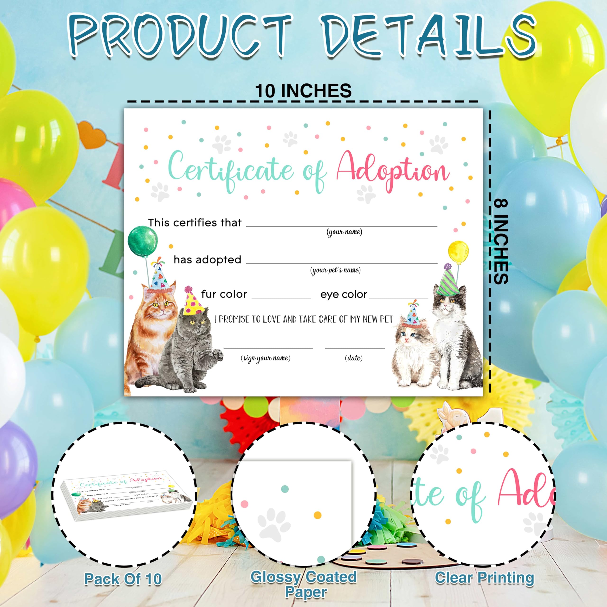 Adopt A Cat Certificate - 10 Pack Pet Adoption Certificates for Girls, Cat Kitten Adoption Party Decorations & Birthday Party Favors Supplies - Perfect for Adoption Events, Birthday Parties & Gift Giving (CC04)