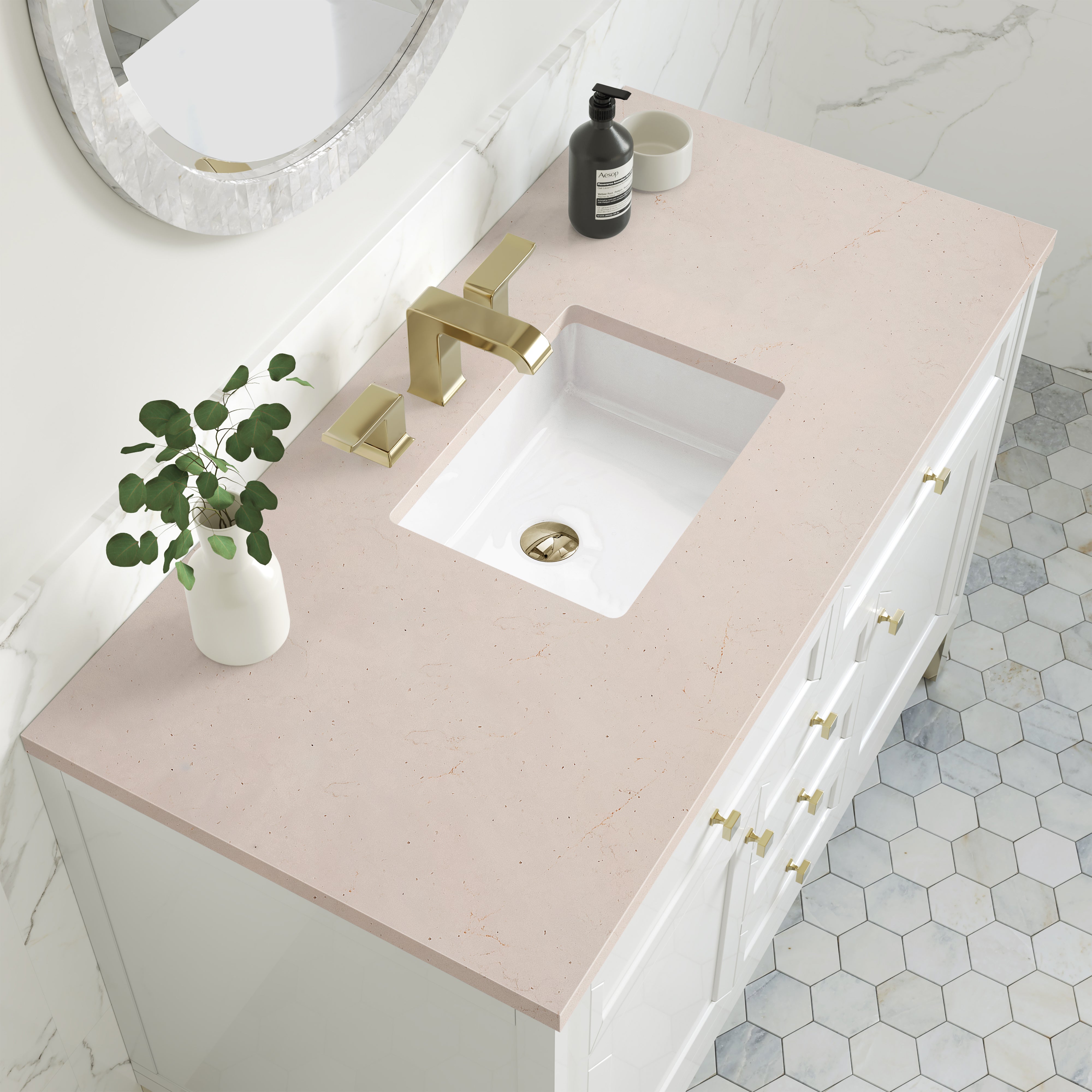 Chicago 48 Inch Single Bathroom Vanity Set - Glossy White Finish with 3CM Eternal Marfil Stone Top | Perfect for Modern Home Bathroom Renovation & Small Space Design