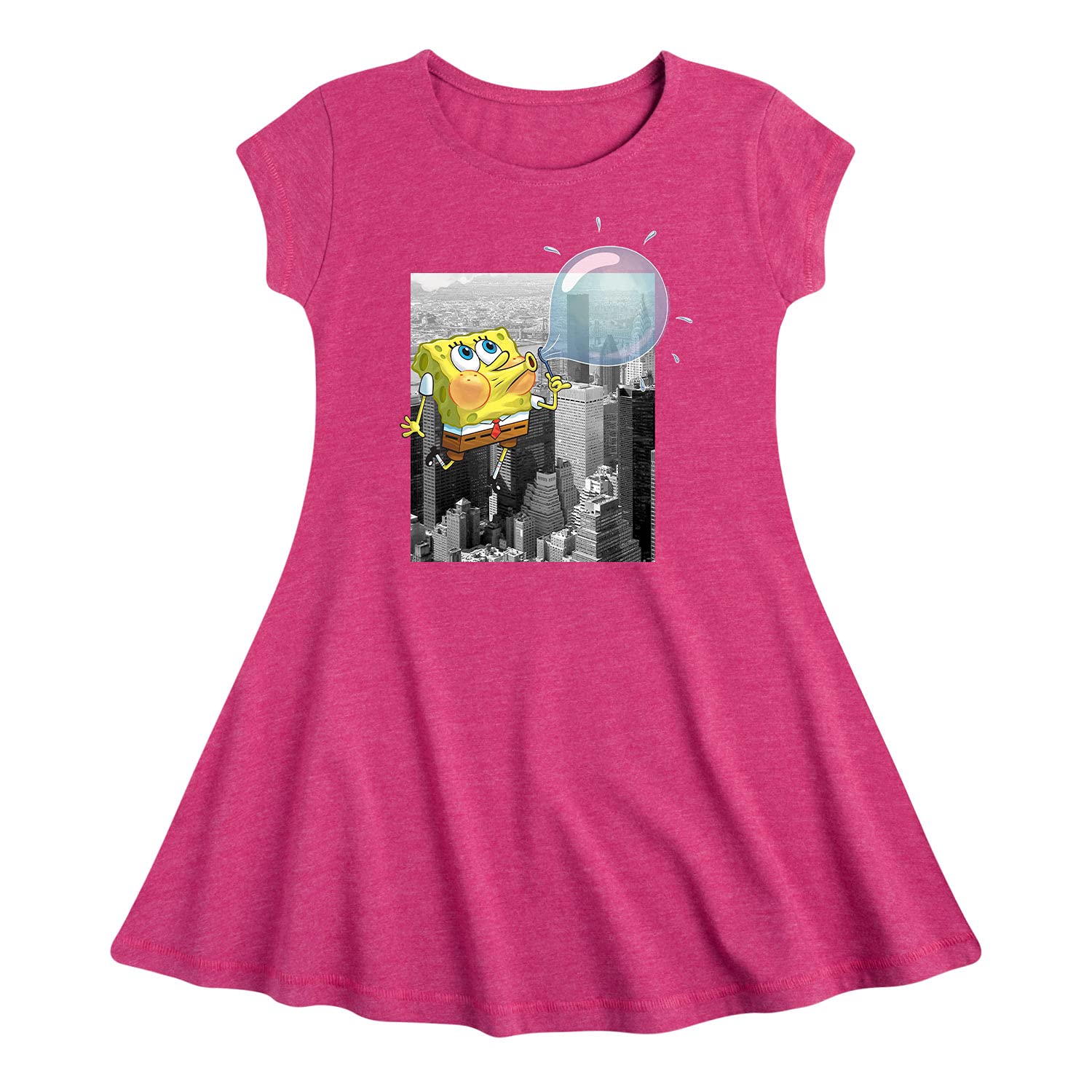 HYBRID APPAREL Spongebob Squarepants Sky High Blowing Bubbles Toddler & Youth Girls Fit Flare Dress - Cute Cartoon Character Outfit for Birthday Parties, Playdates & Casual Wear