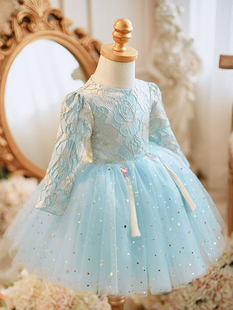 Blue Princess Round Tea Length Lace Flower Girl Dress for Weddings, Baptisms & Special Occasions
