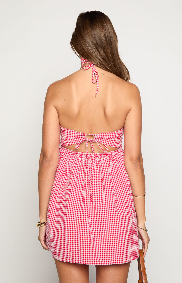 Carter Red Gingham Halter Mini Dress - Summer Casual Floral Print Sundress for Women | Perfect for Beach Vacation, Date Night & Outdoor Parties