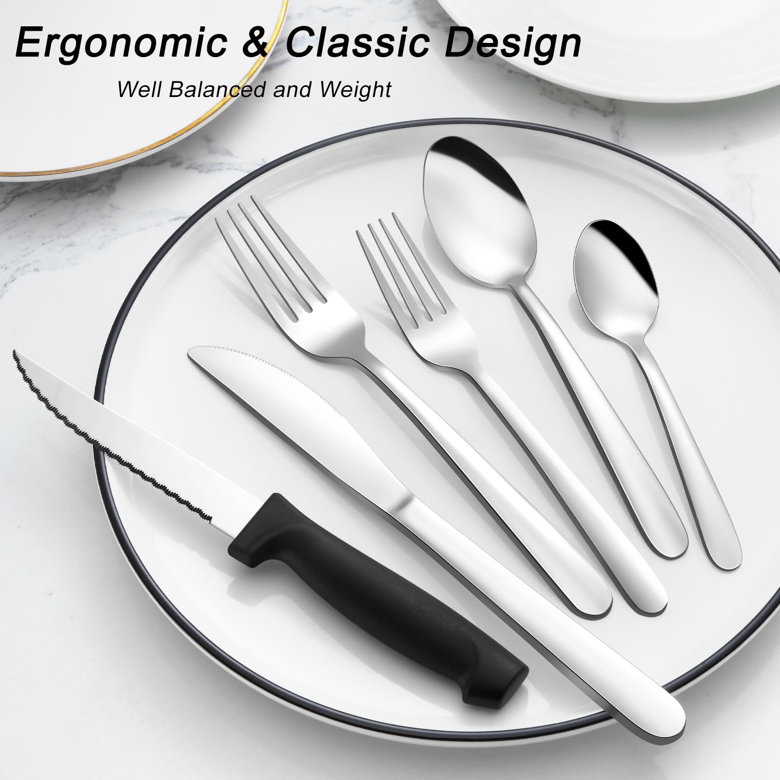 48-Piece Stainless Steel Flatware Set for 8 - Includes Forks, Spoons & Steak Knives - Dishwasher Safe Silverware for Home & Restaurant Use - Perfect for Dinner Parties, Weddings & Daily Dining