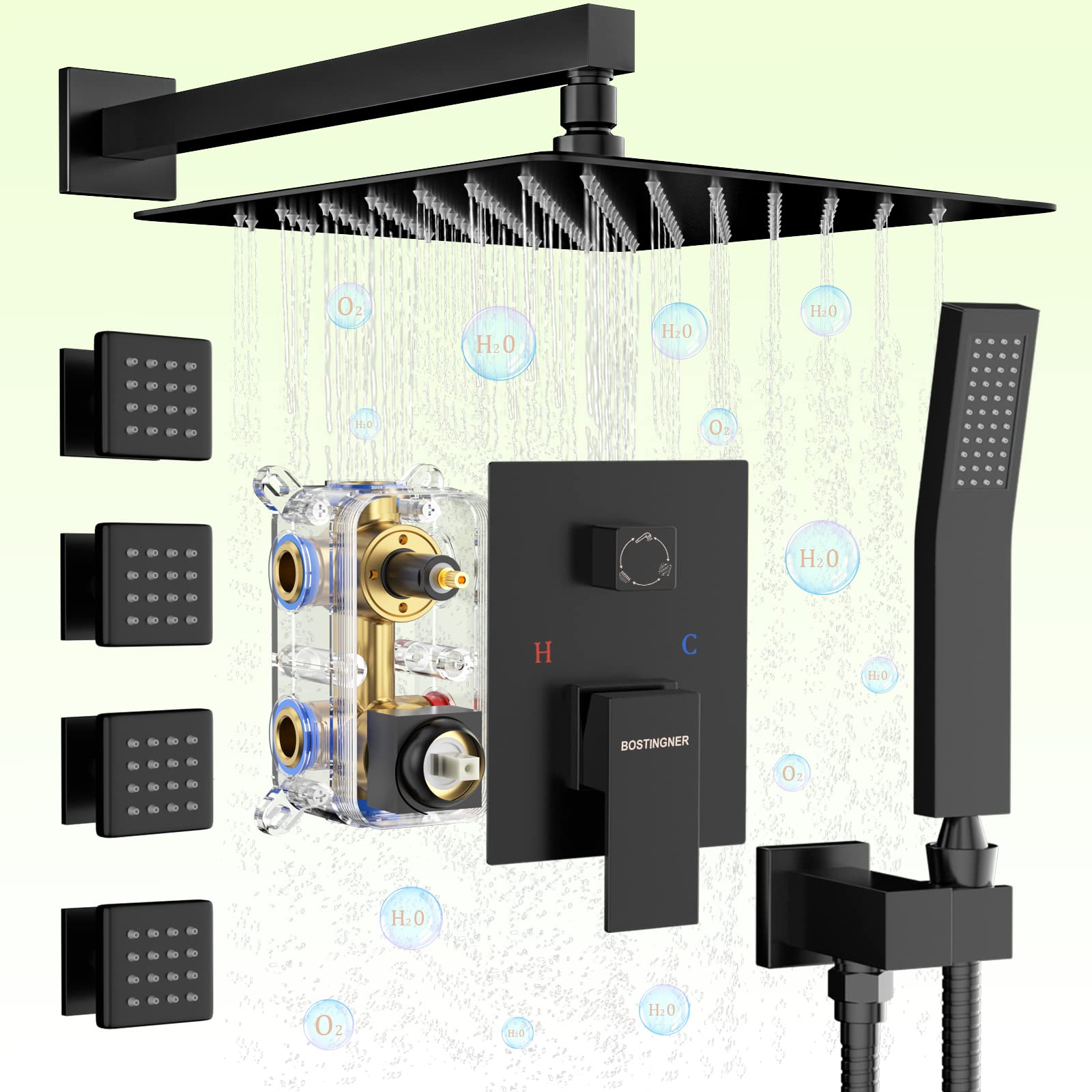 Bostingner 10 Inch Rain Shower Head System - Wall Mounted Matte Black All Metal Shower Jets with Rough-in Valve | Perfect for Luxury Bathroom Renovation & Spa-Like Shower Experience