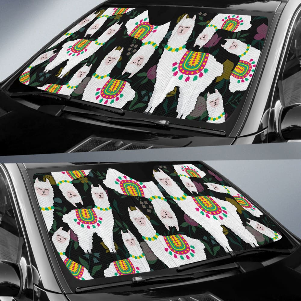 Premium Llama Print Chalky Style Black Floral Car Sun Shade - UV Protection for Vehicles, Perfect for Summer Driving & Parking