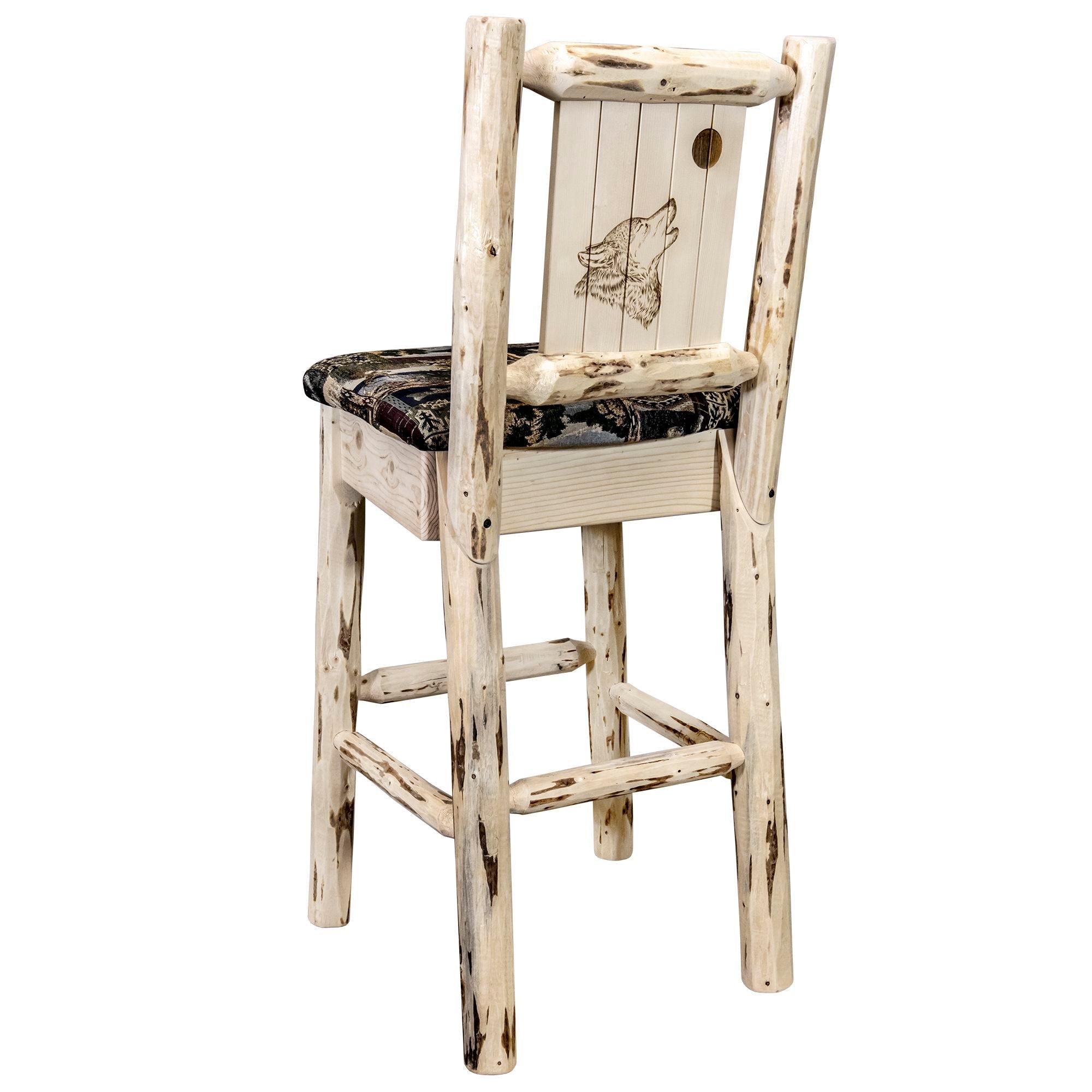 Montana Barstool with Back - Rustic Woodland Upholstery & Laser Engraved Design - Unfinished DIY Project - Perfect for Home Bar, Kitchen Island, and Cabin Decor