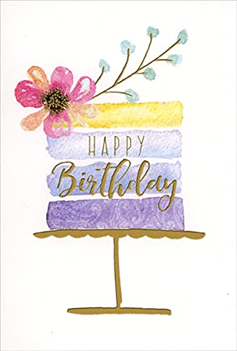 Pictura Pink Flower Watercolor Cake on Gold Pedestal Birthday Card - Elegant Greeting Card for Women's Birthday, Anniversary & Special Occasions