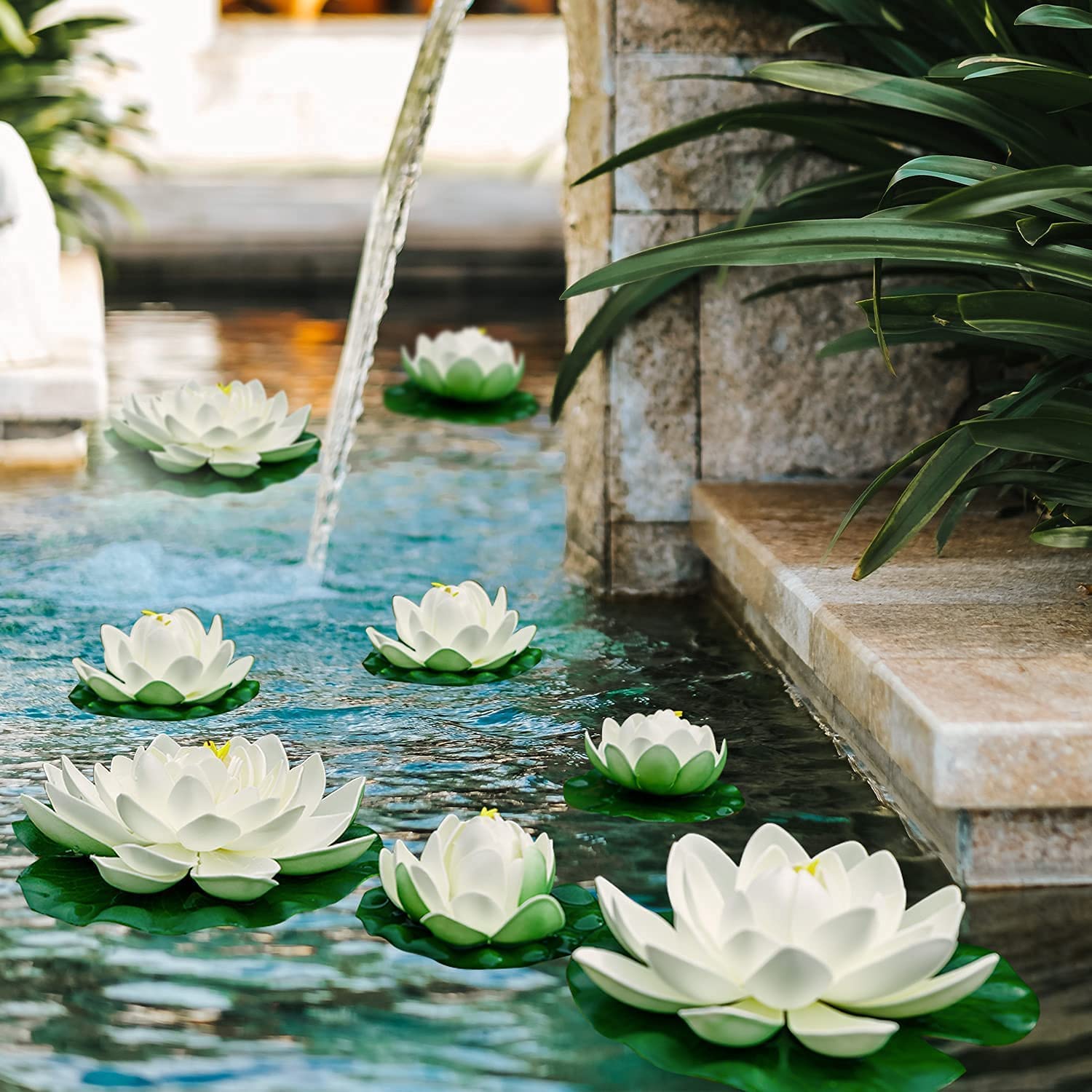 24PCS Floating Flowers for Pool - Ivory White Artificial Foam Lily Pads, Pond Decorations for Home Garden, Wedding, Party, Baby Shower & Photo Backdrop