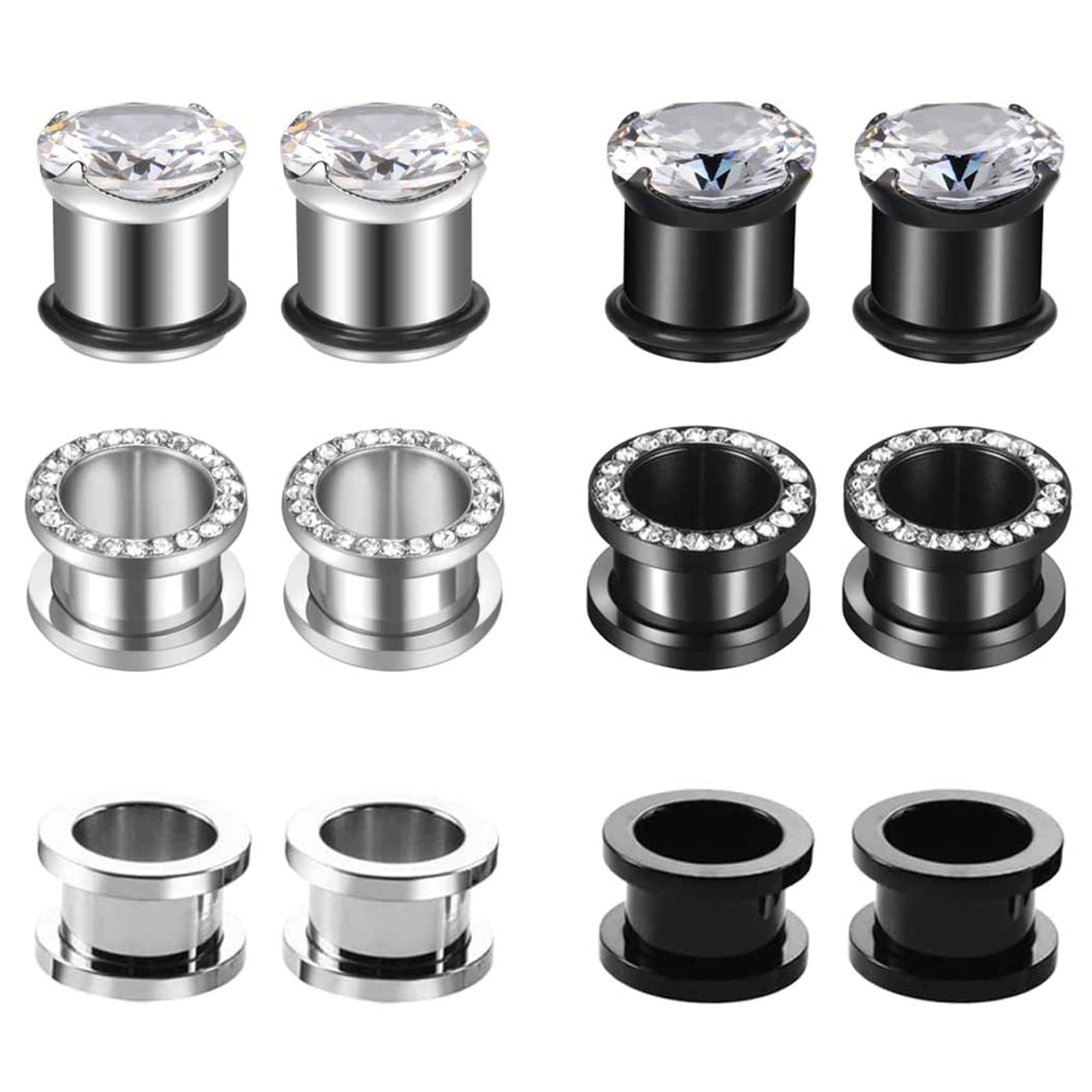 12Pcs Stainless Steel Plugs Gauges with Cubic Zirconia - Single Flared Tunnels for Ear Stretching - Perfect for Body Piercing Jewelry & Alternative Fashion Style