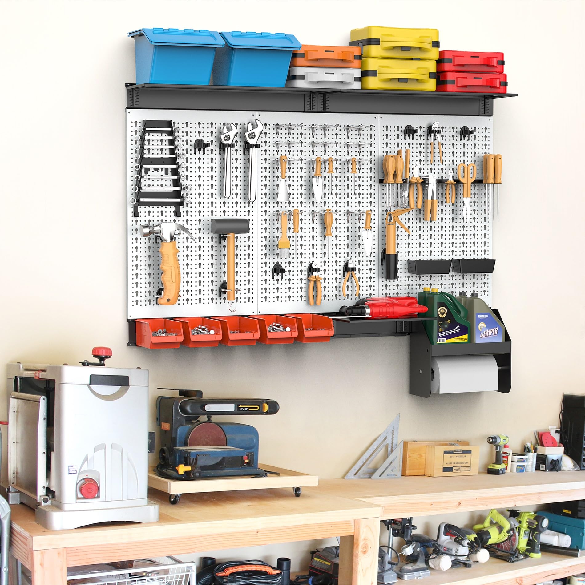 TORACK 4 ft. Metal Pegboard Wall Organizer System - Heavy Duty Garage Tool Storage with Hooks, Accessories & Wall Mounted Bins - Perfect for Workshop, Garage, Shed & Home Organization (Black)
