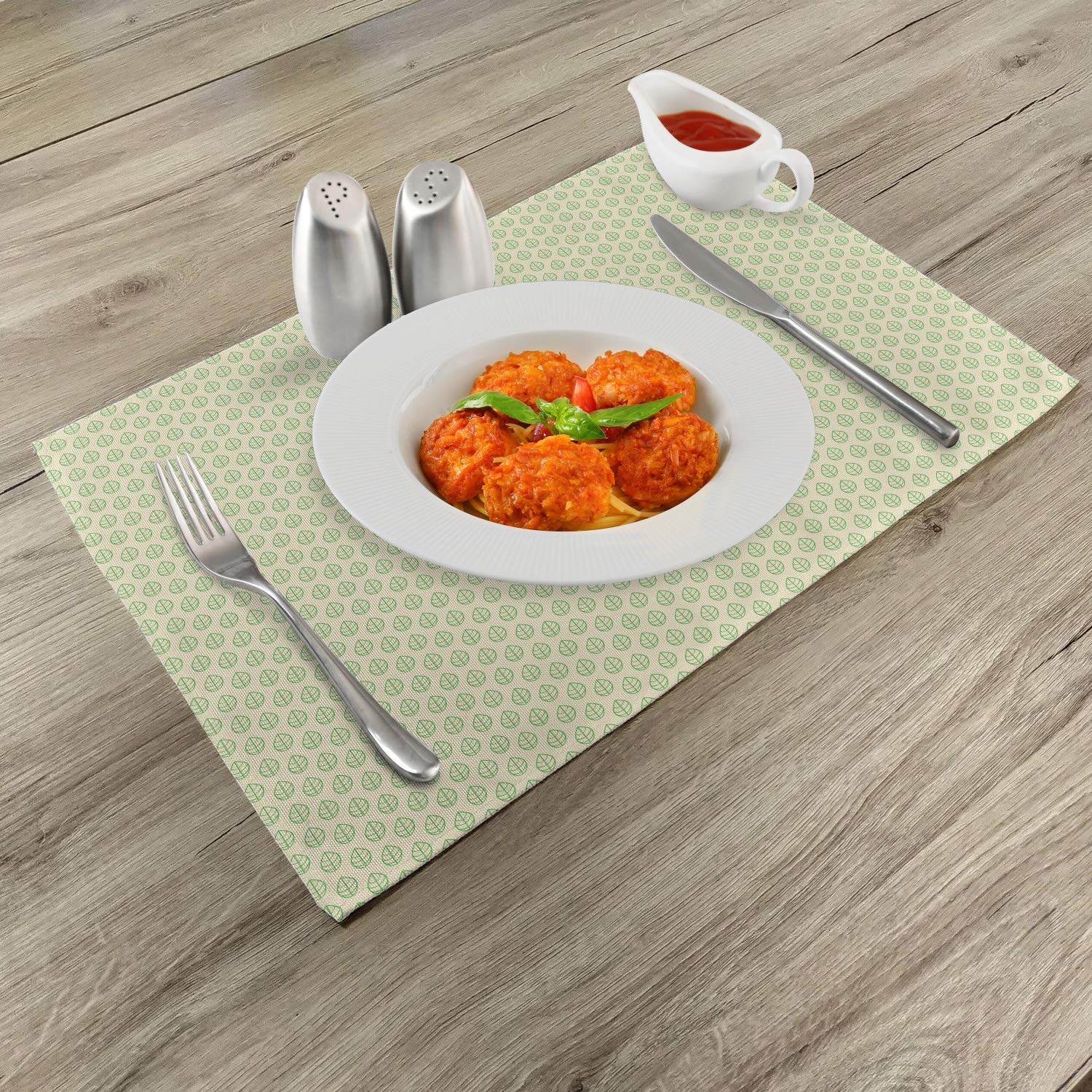Ambesonne 4-Pack Abstract Geometric Placemats - Spring Green Leaf Pattern on White Washable Fabric - Modern Dining Table Decor for Kitchen & Home Entertaining - Perfect for Dinner Parties, Holiday Meals & Everyday Use