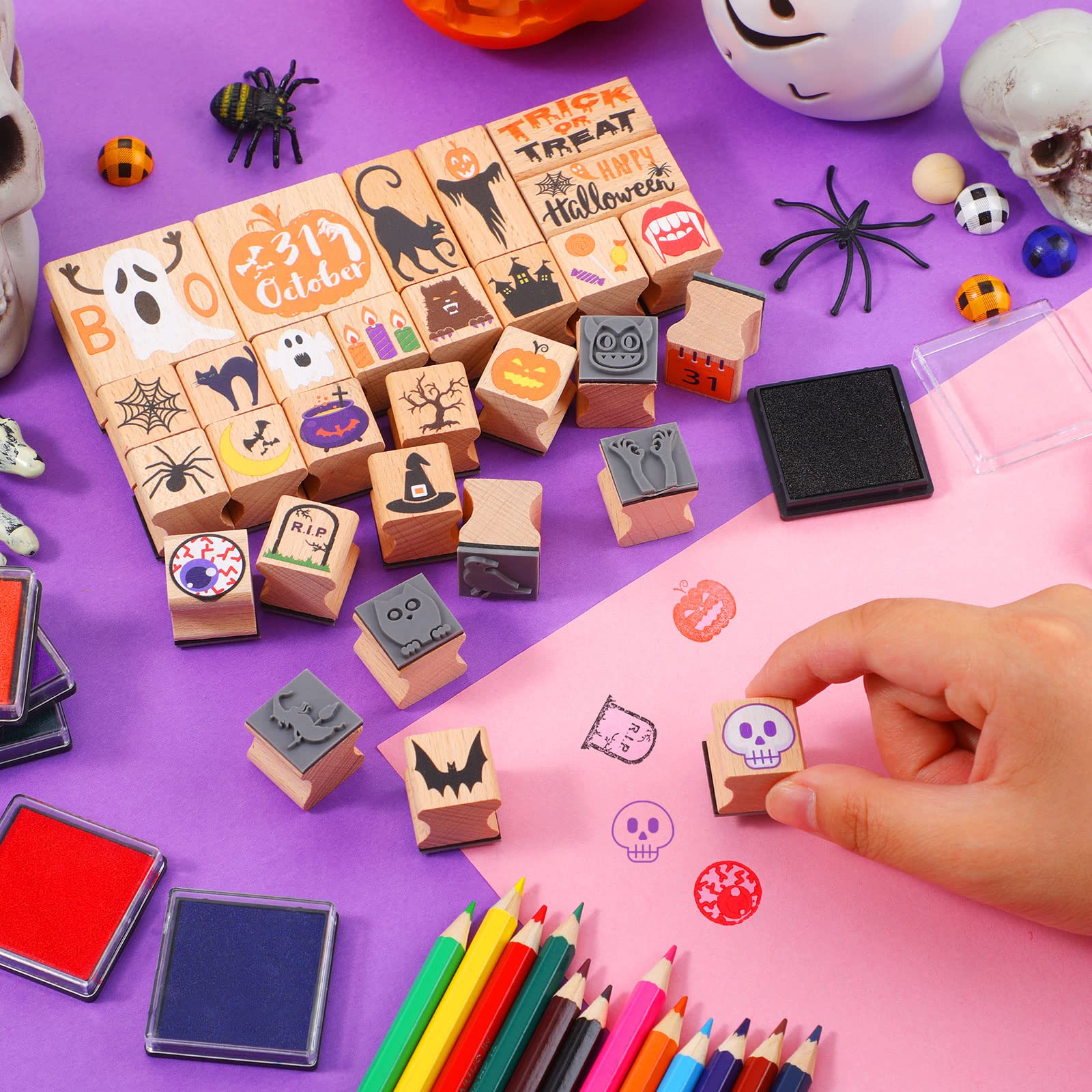 Yexiya 48-Piece Halloween & Christmas Wooden Rubber Stamp Set with Ink Pad & Colored Pencils - DIY Craft Kit for Holiday Cards, Gift Wrapping, Party Favors & Scrapbooking (Weird Style)
